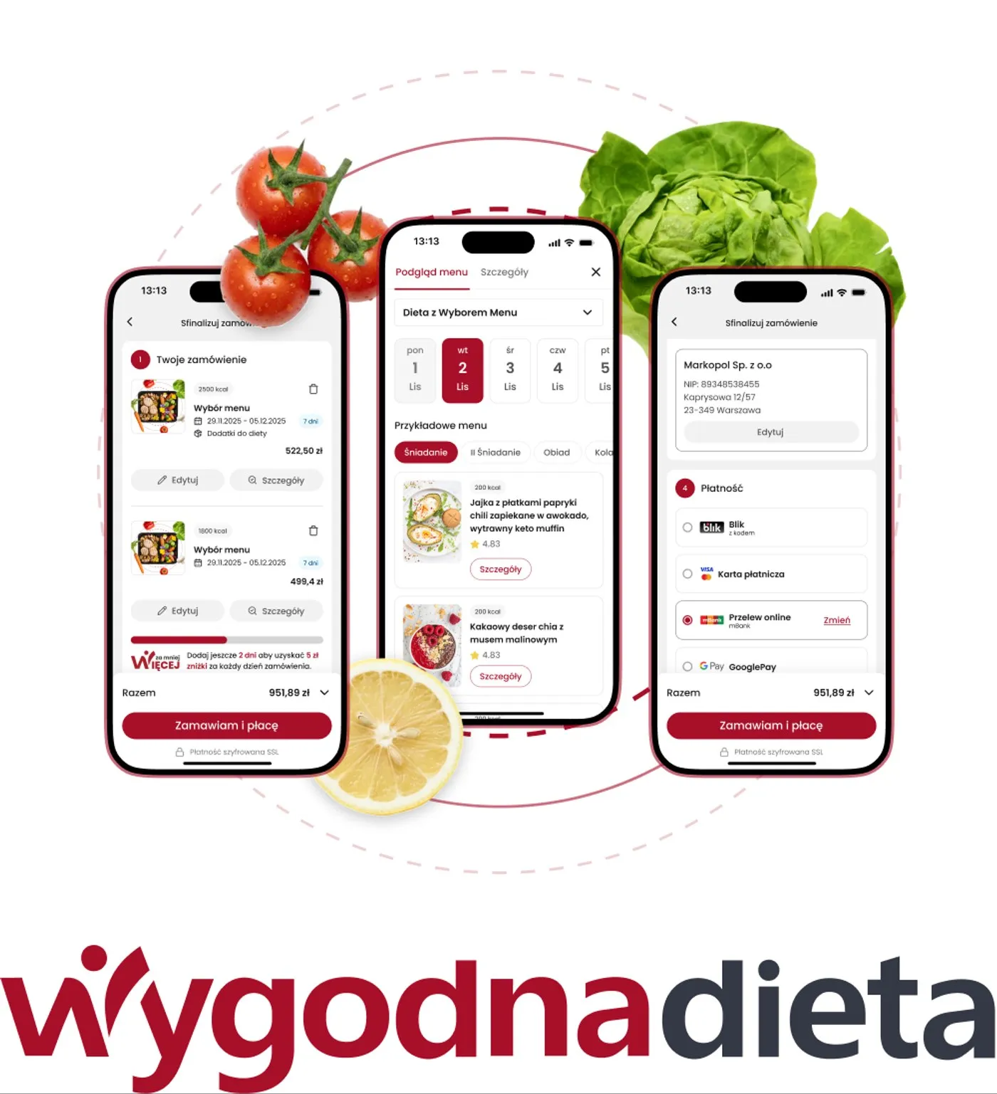 WygodnaDieta - finalizacja zamówienia: podsumowanie wybranych diet z rabatem za dłuższy okres, wybór dnia i przykładowego menu, oraz dane do faktury i metoda płatności (Blik, karta płatnicza, przelew online, GooglePay) z przyciskiem „Zamawiam i płacę"; niżej pełne logo „wygodnadieta".