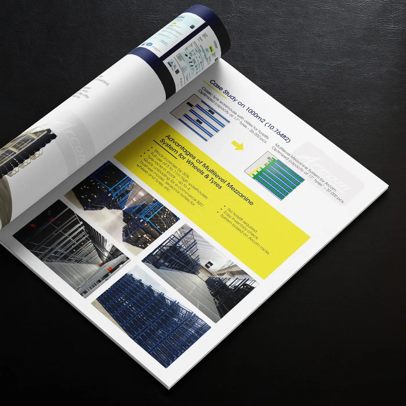 Arcom - katalog rozłożony na rozkładówce z rysunkami technicznymi antresoli i opisem systemu.