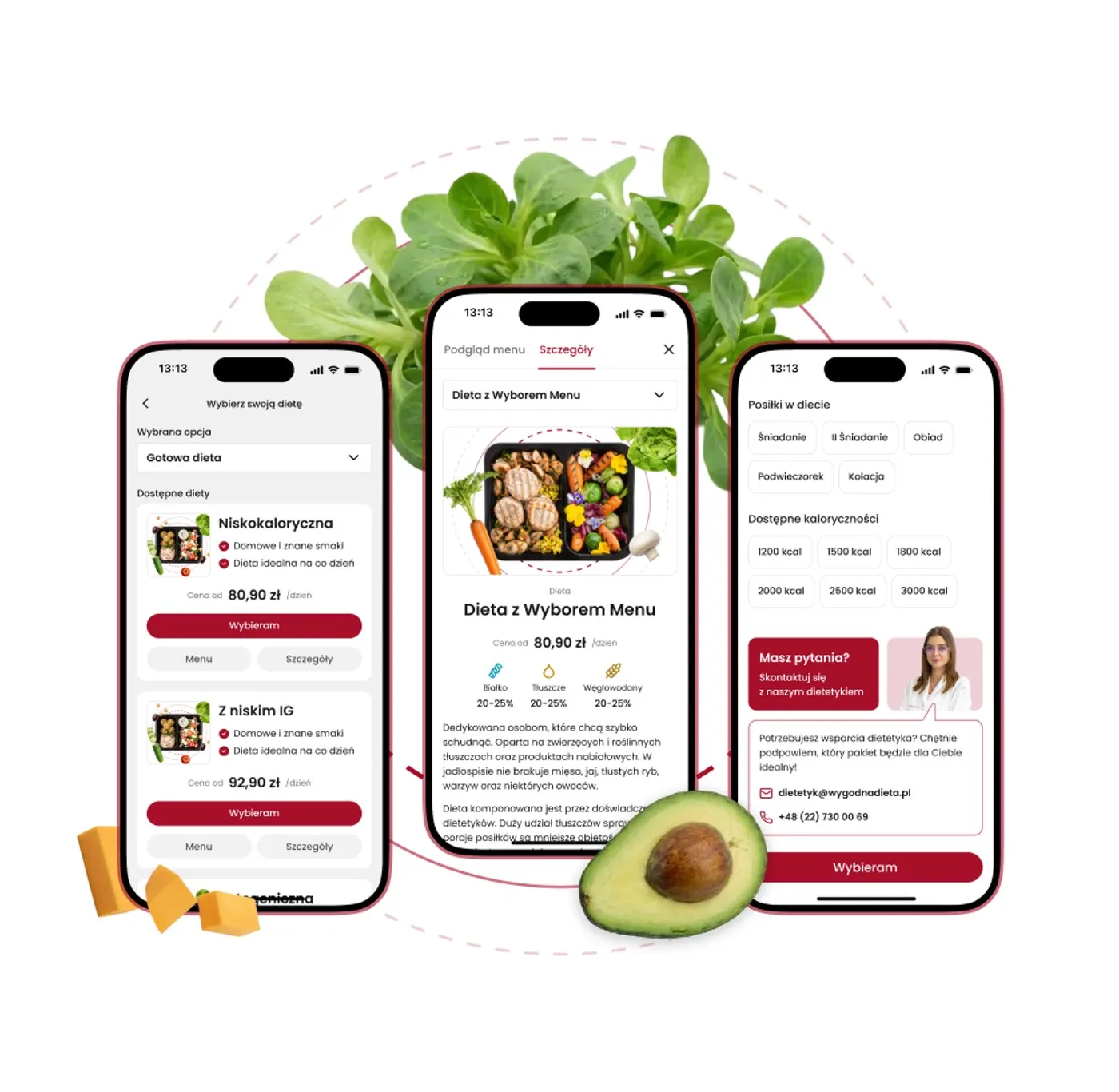 WygodnaDieta - trzy ekrany aplikacji: lista dostępnych diet („Niskokaloryczna", „Z niskim IG") z cenami i przyciskiem „Wybieram", szczegóły „Diety z Wyborem Menu" z udziałem białka, tłuszczu i węglowodanów, oraz karta kontaktu z dietetykiem („Masz pytania? Skontaktuj się z naszym dietetykiem") z adresem e-mail i telefonem.