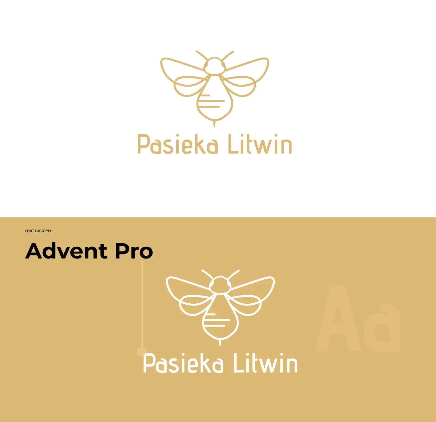 Pasieka Litwin - logo w wersji na jasnym tle oraz typografia marki: Advent Pro (specimen „Aa") na miodowym tle.