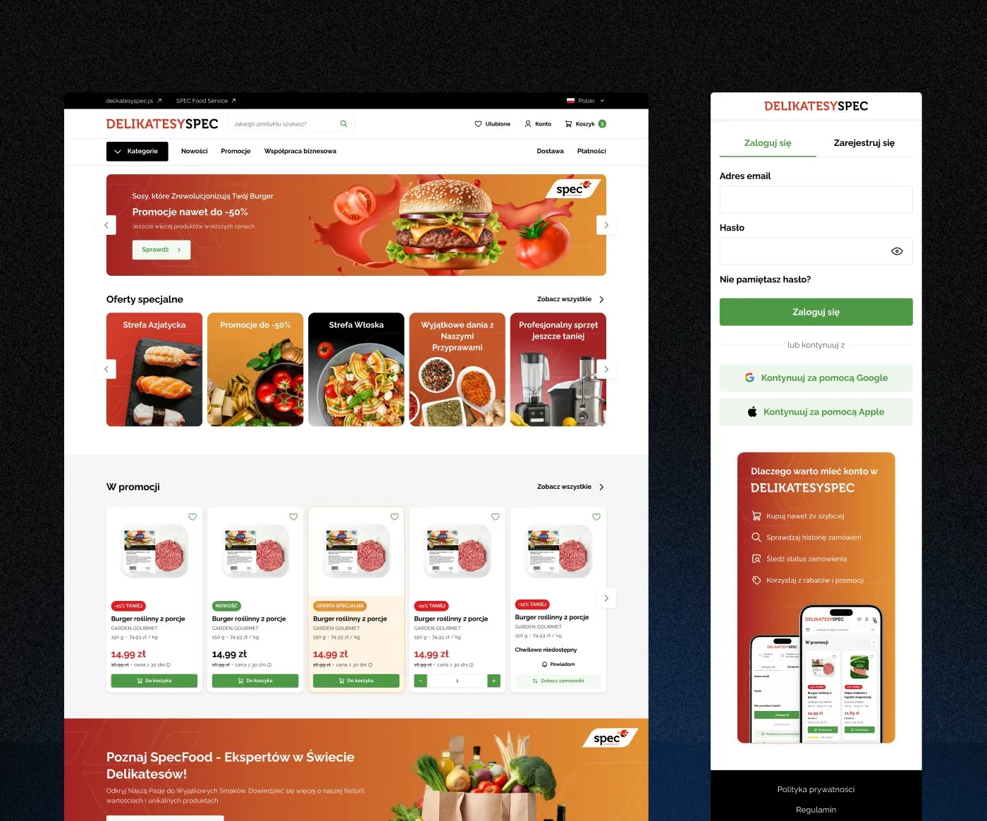 SPEC Food - strona główna sklepu na desktopie: baner promocji, oferty specjalne, listing produktów z cenami i przyciskami dodania do koszyka; obok mobilny widok logowania.