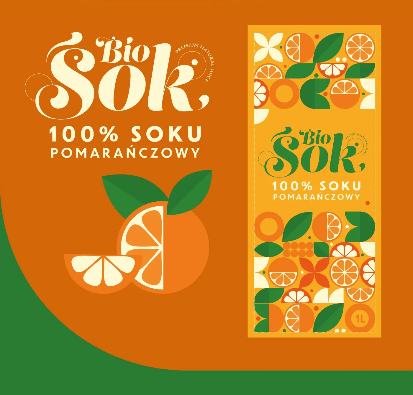 BioSok - logotyp „BioSok. 100% soku pomarańczowy" oraz etykieta opakowania z motywem plasterka pomarańczy, na pomarańczowym tle.