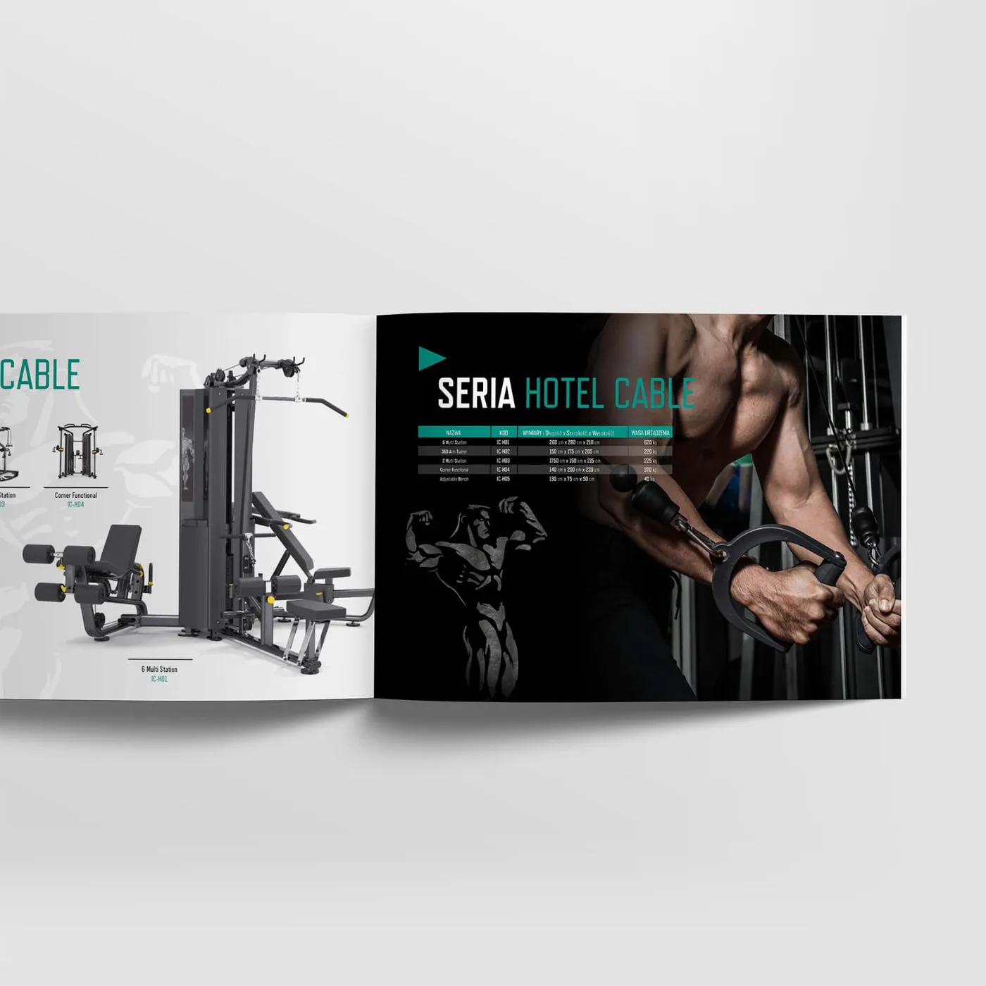 Iron Fitness - rozkładówka katalogu z serią Hotel Cable: multistacja treningowa, tabela wymiarów i wagi pięciu urządzeń oraz zbliżenie na uchwyty wyciągu trzymane w dłoniach.