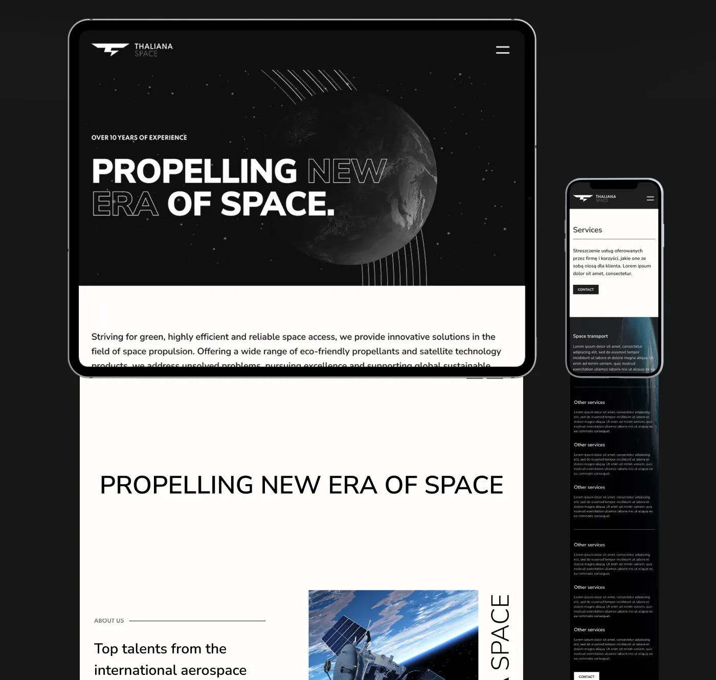 Thaliana Space - sekcje strony głównej: opis firmy, „Top talents from the international aerospace market” ze zdjęciem satelity i pionowy napis „Thaliana Space”.