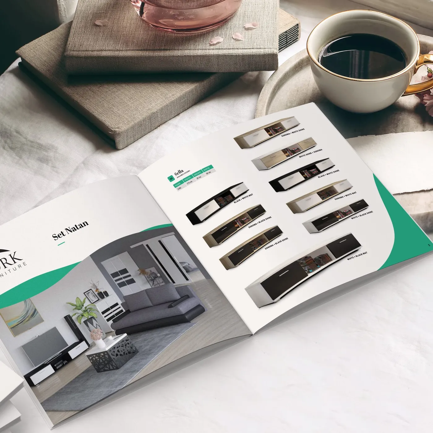 ADRK Furniture - rozkładówka zestawu Dorian: zdjęcie aranżacyjne sypialni i siatka szaf z wariantami frontów.