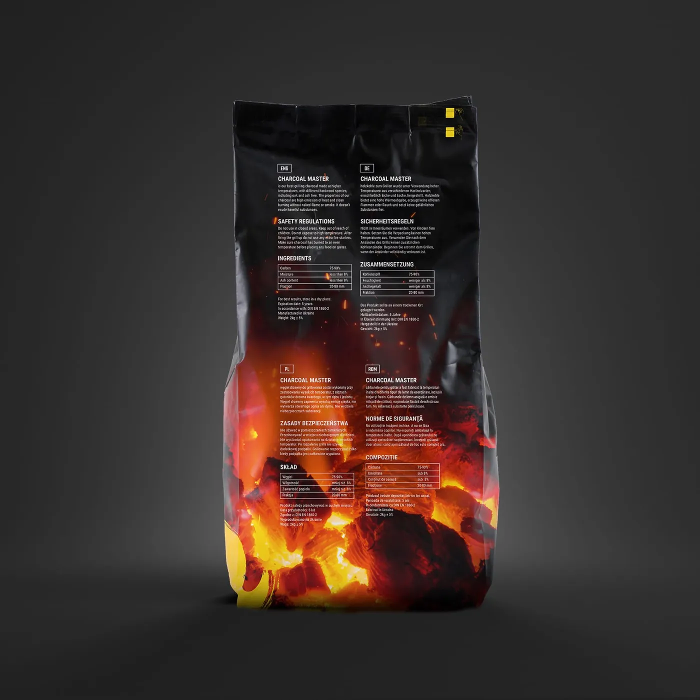 Charcoal Master - tył opakowania z opisem produktu i zasadami bezpieczeństwa w czterech językach (PL, EN, DE, RO) oraz tabelą składu.