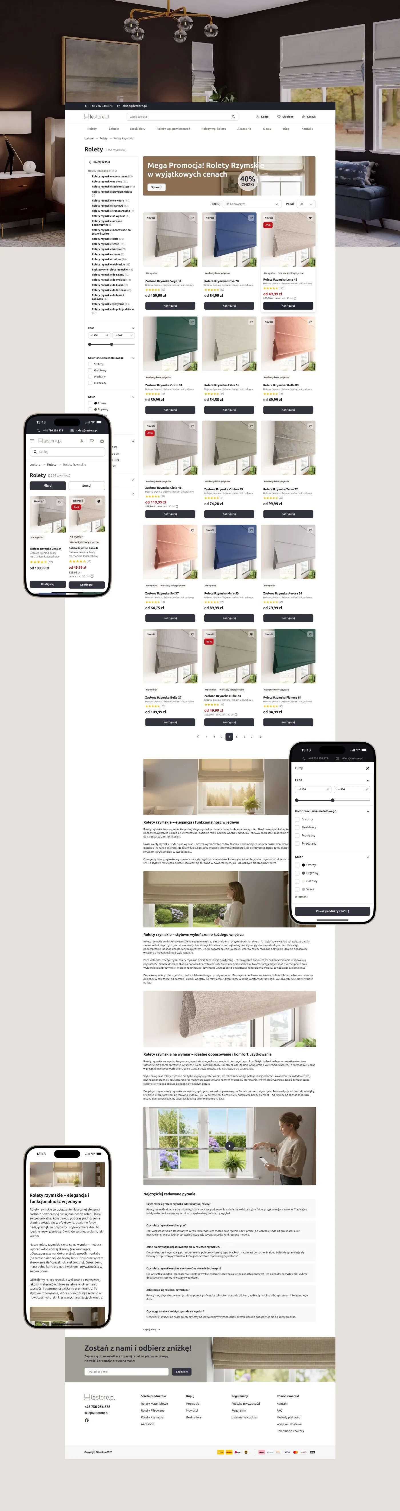 Lestore - listing kategorii „Rolety Rzymskie" z banerem promocji -40%, siatką produktów w wielu kolorach tkanin, artykułami o roletach rzymskich oraz sekcją najczęściej zadawanych pytań, w wersji desktop i mobile.