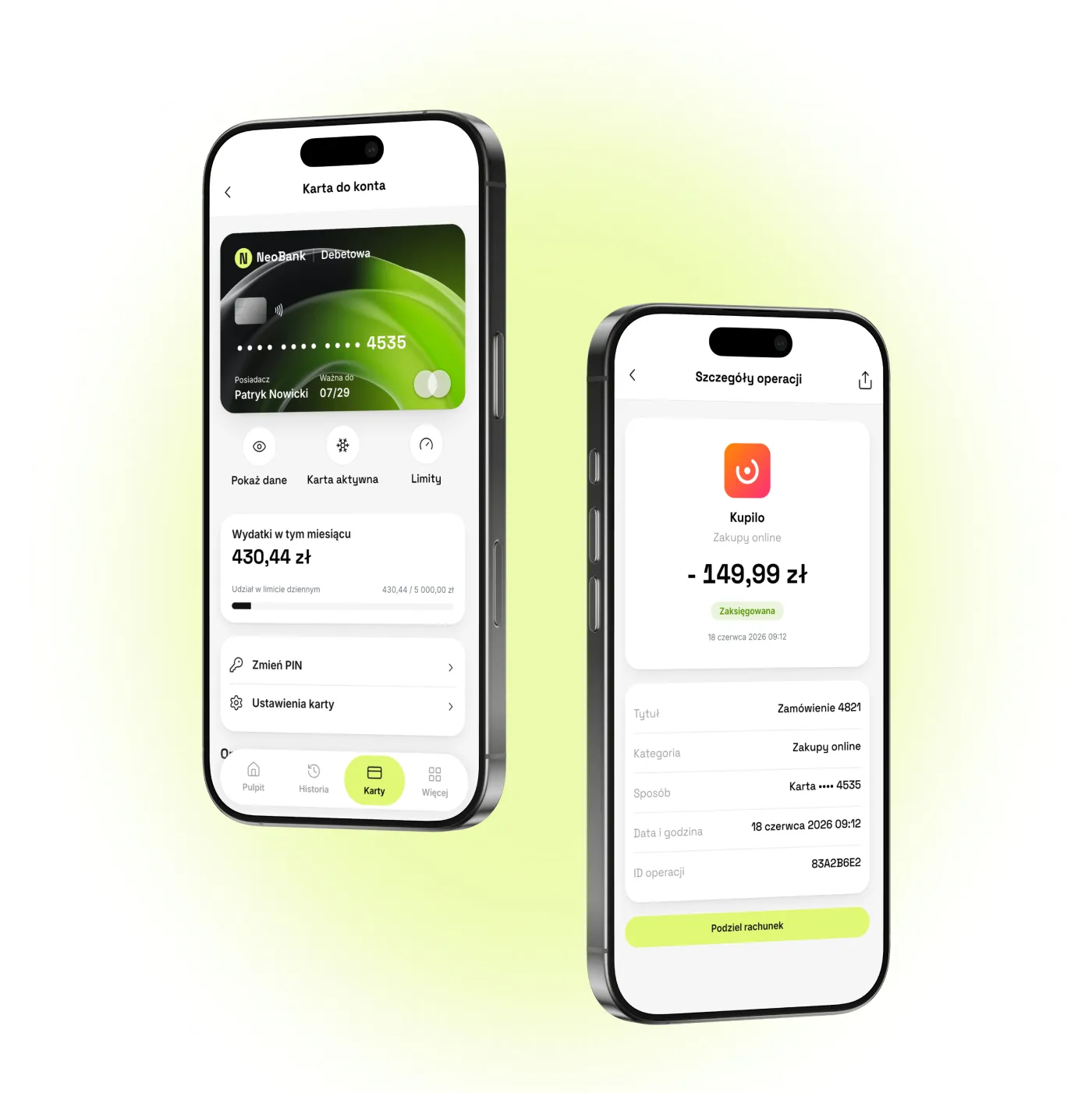 NeoBank - ekran „Karta do konta" z podglądem karty debetowej, wydatkami w tym miesiącu 430,44 zł, udziałem w limicie dziennym oraz opcjami zmiany PIN-u i ustawień karty; obok „Szczegóły operacji": sklep Kupilo, -149,99 zł, status Zaksięgowana, numer zamówienia, kategoria, karta, identyfikator operacji i przycisk „Podziel rachunek".