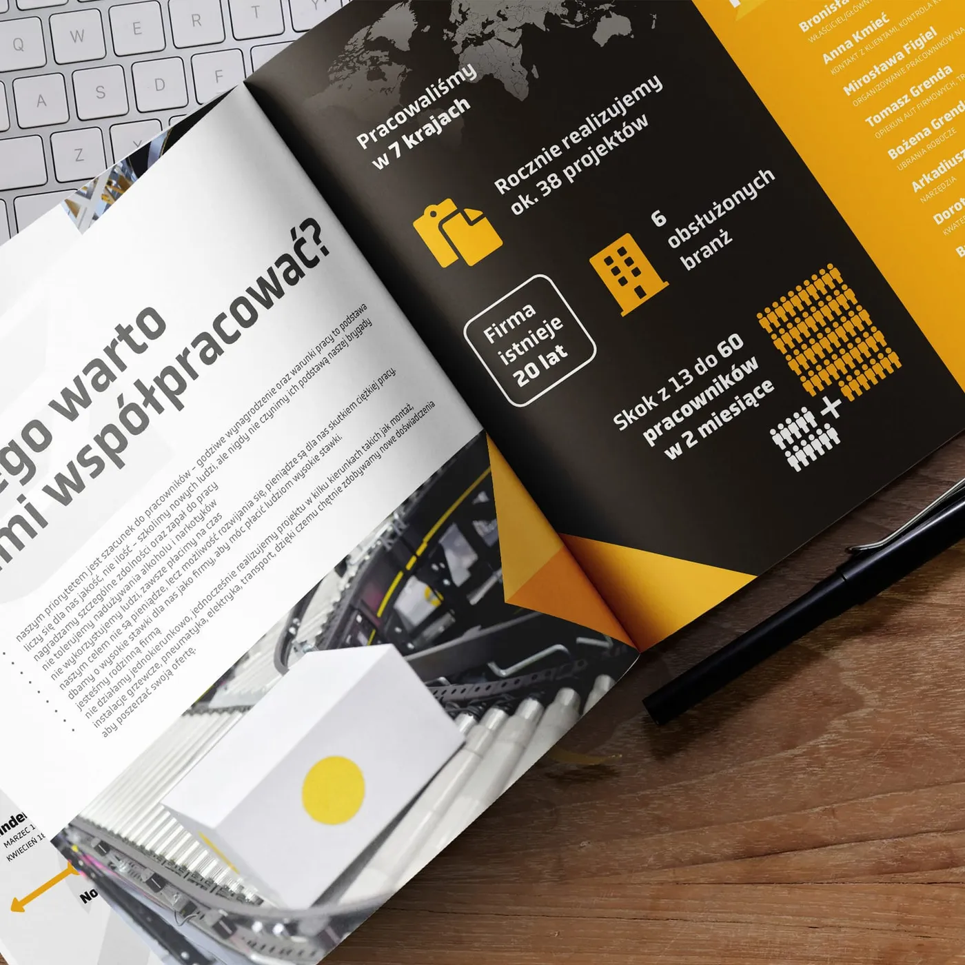 Grenbud - otwarty folder trzymany w dłoni: strona z listą powodów współpracy obok rozkładówki z infografiką przedstawiającą profil i strukturę firmy.