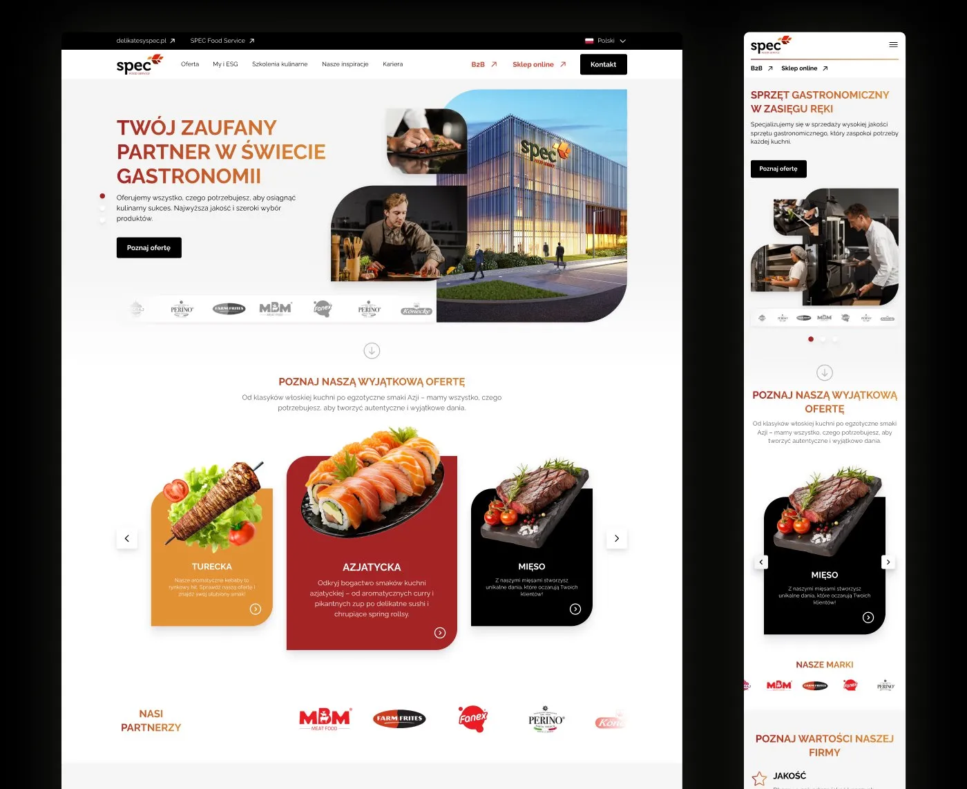 SPEC Food Service - pełny widok strony głównej: hero, logotypy marek, sekcja „Poznaj naszą wyjątkową ofertę" z kartami produktów; obok mobilny widok.