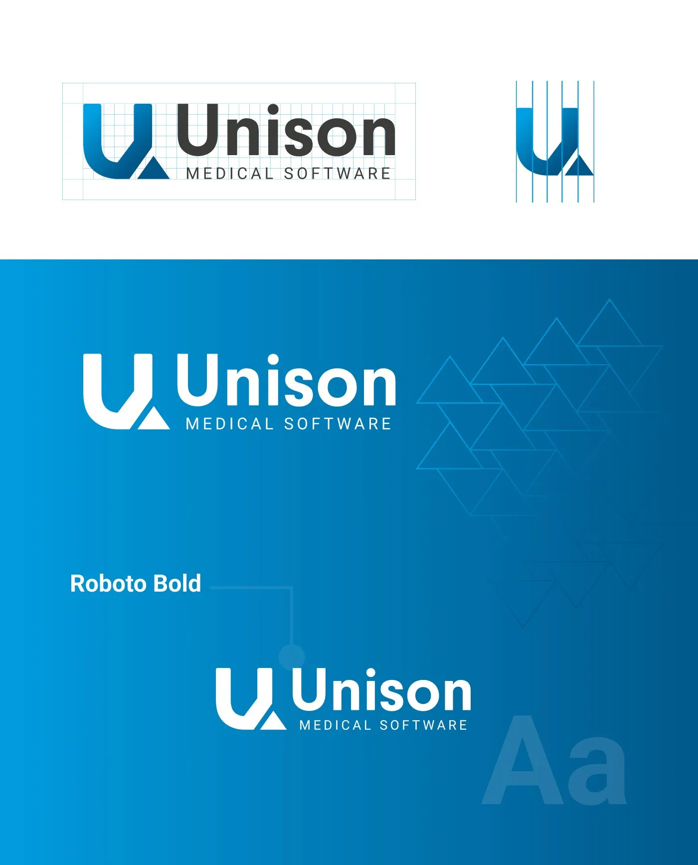 Unison - warianty logo i jego konstrukcja, znak na niebieskim tle z autorskim wzorem trójkątów oraz typografia marki: Roboto Bold (specimen „Aa").