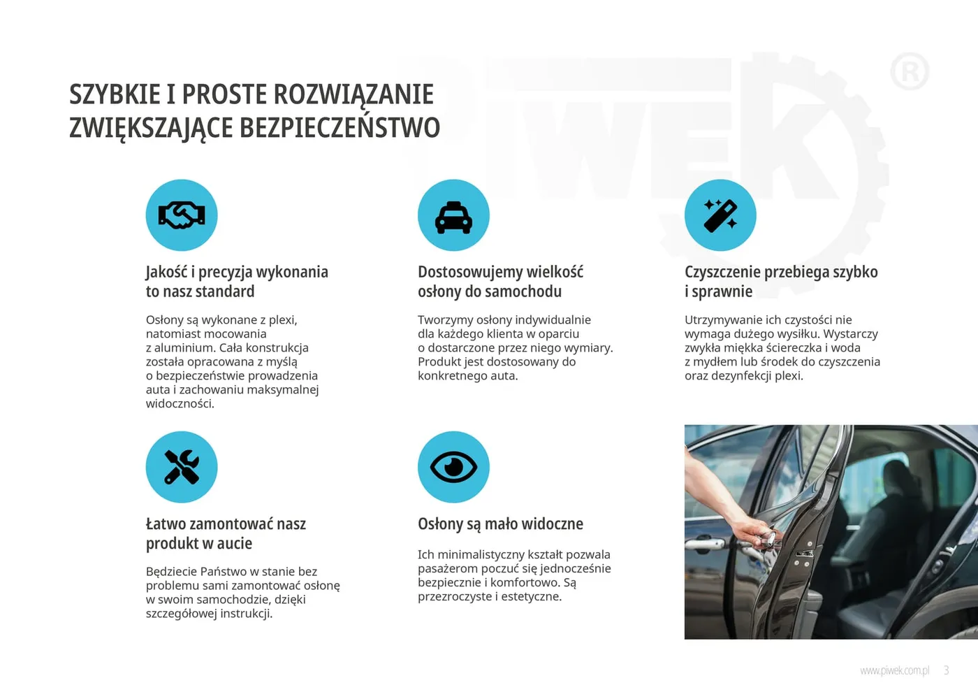 Piwek - strona z pięcioma ikonami cech osłony Taxi Shield (jakość wykonania, dopasowanie do auta, czyszczenie, montaż, niska widoczność) i zdjęciem otwieranych drzwi samochodu.