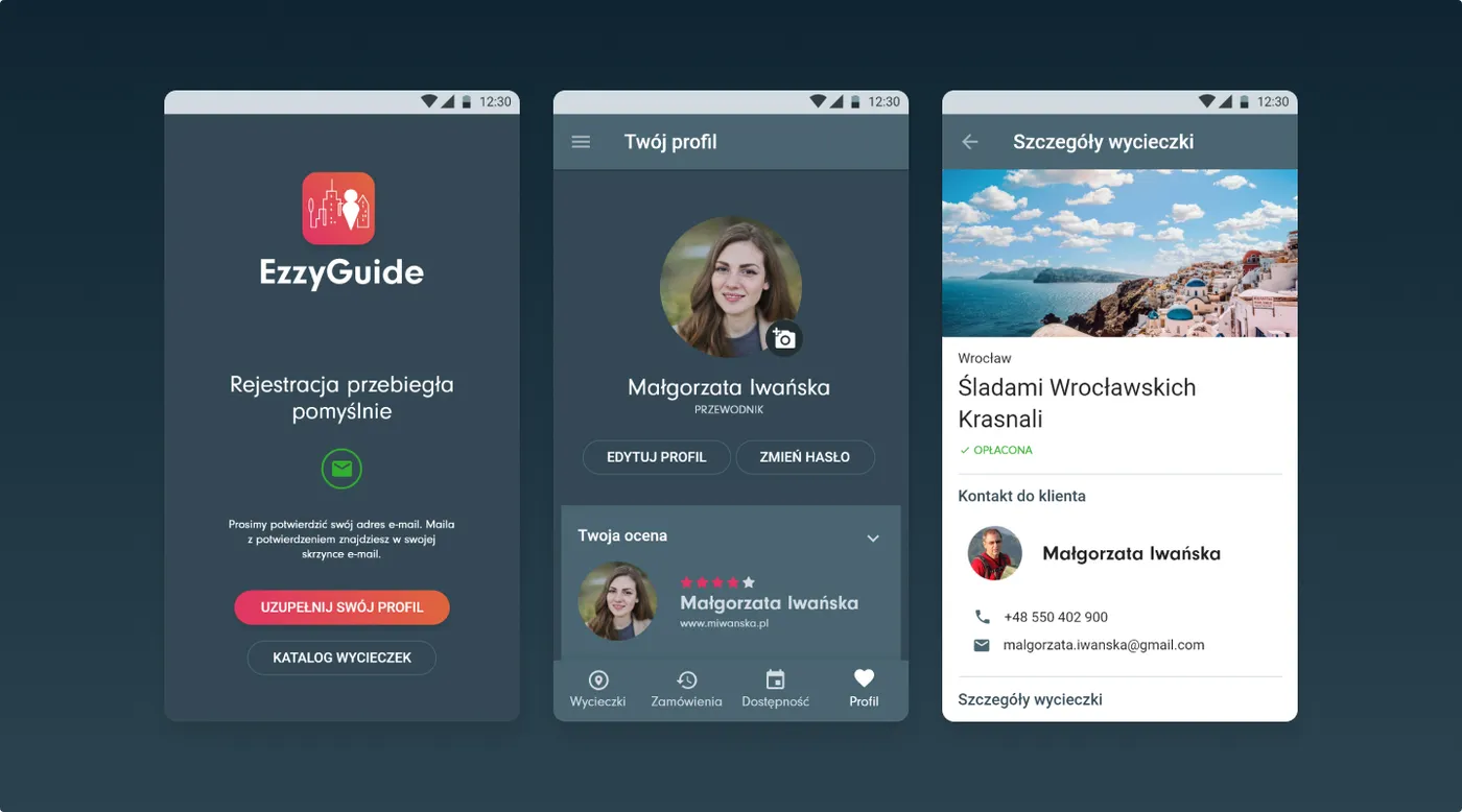 EzzyGuide - trzy telefony: potwierdzenie „Rejestracja przebiegła pomyślnie" z prośbą o weryfikację e-maila, profil przewodniczki Małgorzaty Iwańskiej z oceną gwiazdkową, obok szczegóły wycieczki „Śladami Wrocławskich Krasnali" z ceną i danymi kontaktowymi.