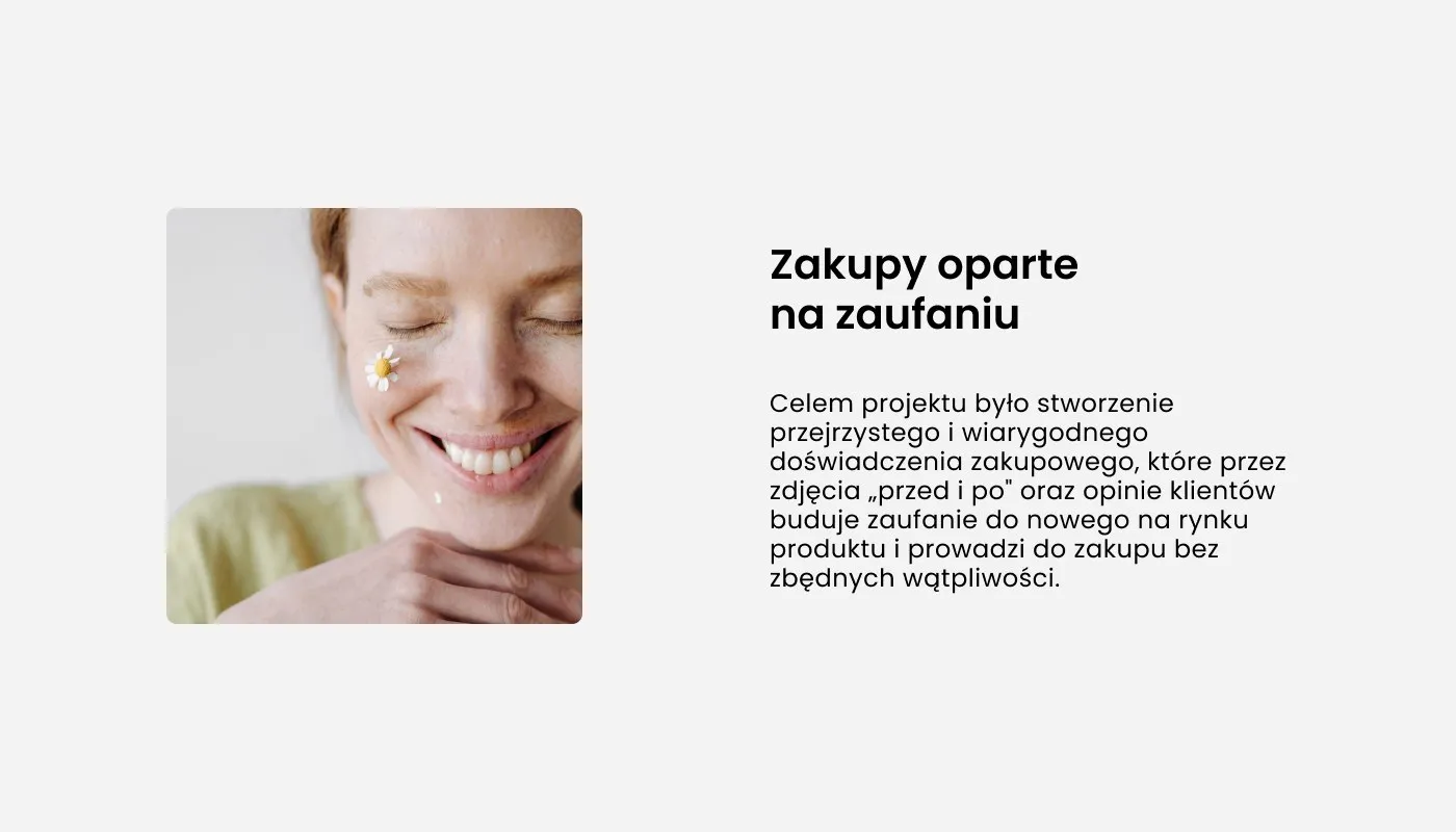 ZhongZhou - plansza z hasłem „Zakupy oparte na zaufaniu" i opisem doświadczenia zakupowego opartego na zdjęciach przed i po oraz opiniach klientów, obok zdjęcia uśmiechniętej kobiety z kwiatem rumianku na policzku.