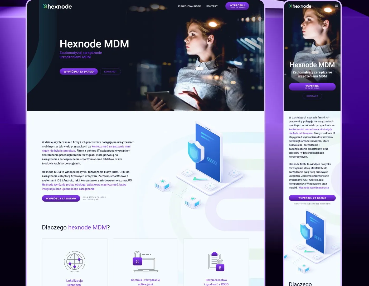 Hexnode MDM (DAGMA) - sekcje strony głównej: opis rozwiązania i karty „Dlaczego Hexnode MDM?” z ikonami funkcji; obok wersja mobilna.