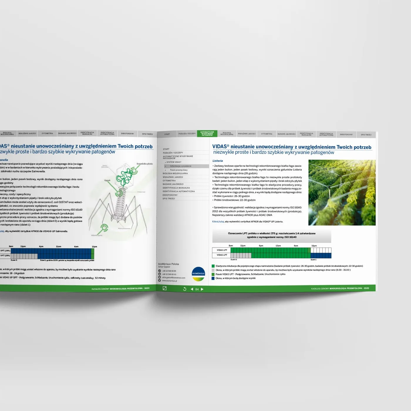 Rozłożony katalog bioMérieux - strony o systemie VIDAS z ilustracją bakteriofaga oraz tekstem o wykrywaniu bakterii Salmonella i Listeria, obok zdjęcia upraw rolnych.