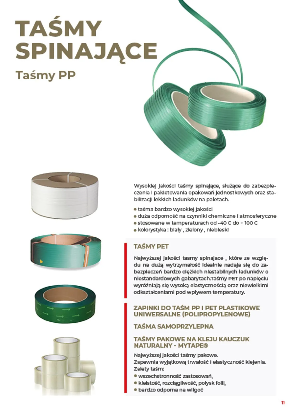 Max-Pak - rozkładówka katalogu „Taśmy spinające": zielone i przezroczyste taśmy PP i PET na białym tle, obok tekstu o ich zastosowaniu.