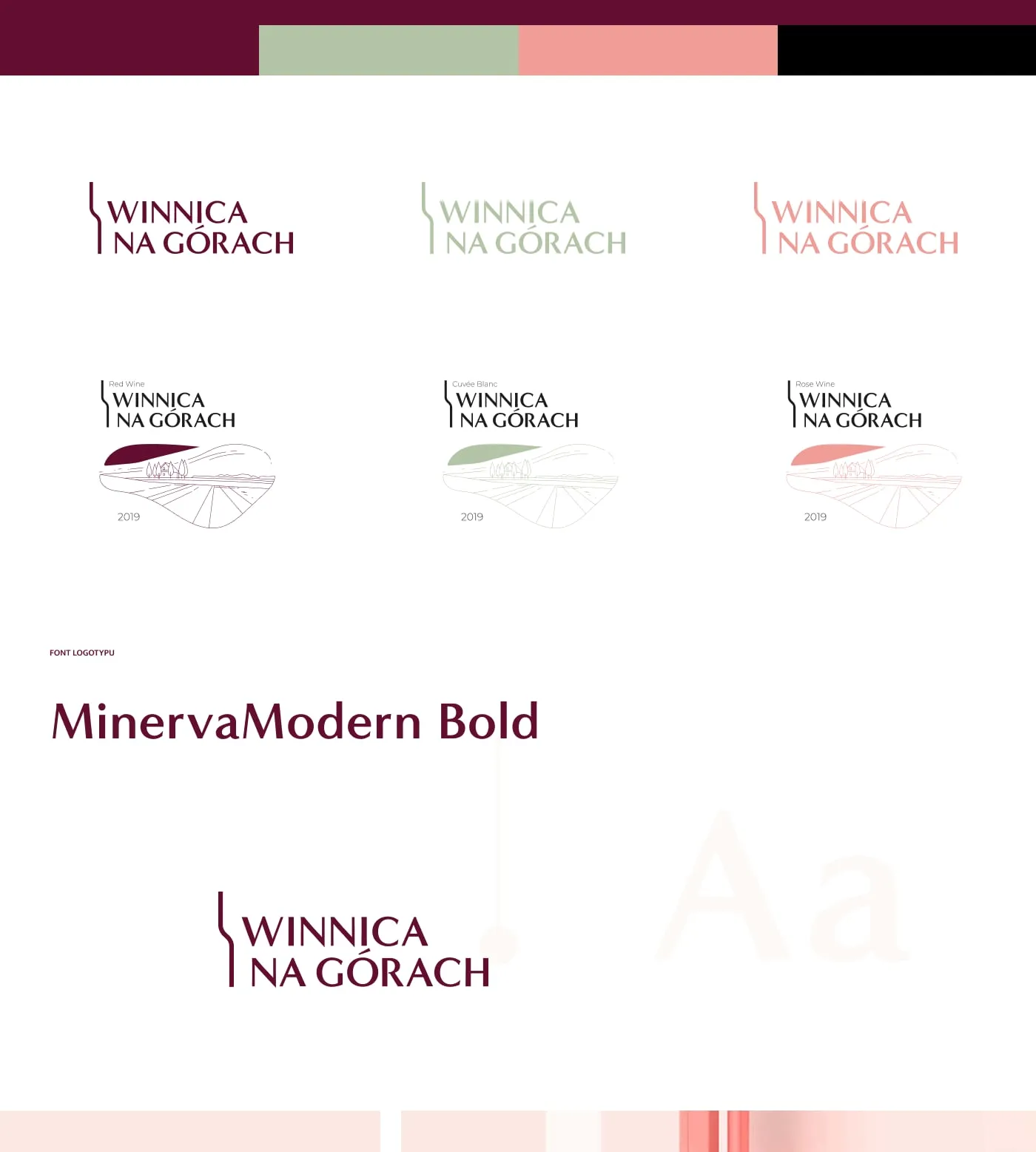 Winnica na Górach - paleta kolorów (burgund, szałwiowa zieleń, koral, czerń) oraz warianty kolorystyczne logo i etykiety.