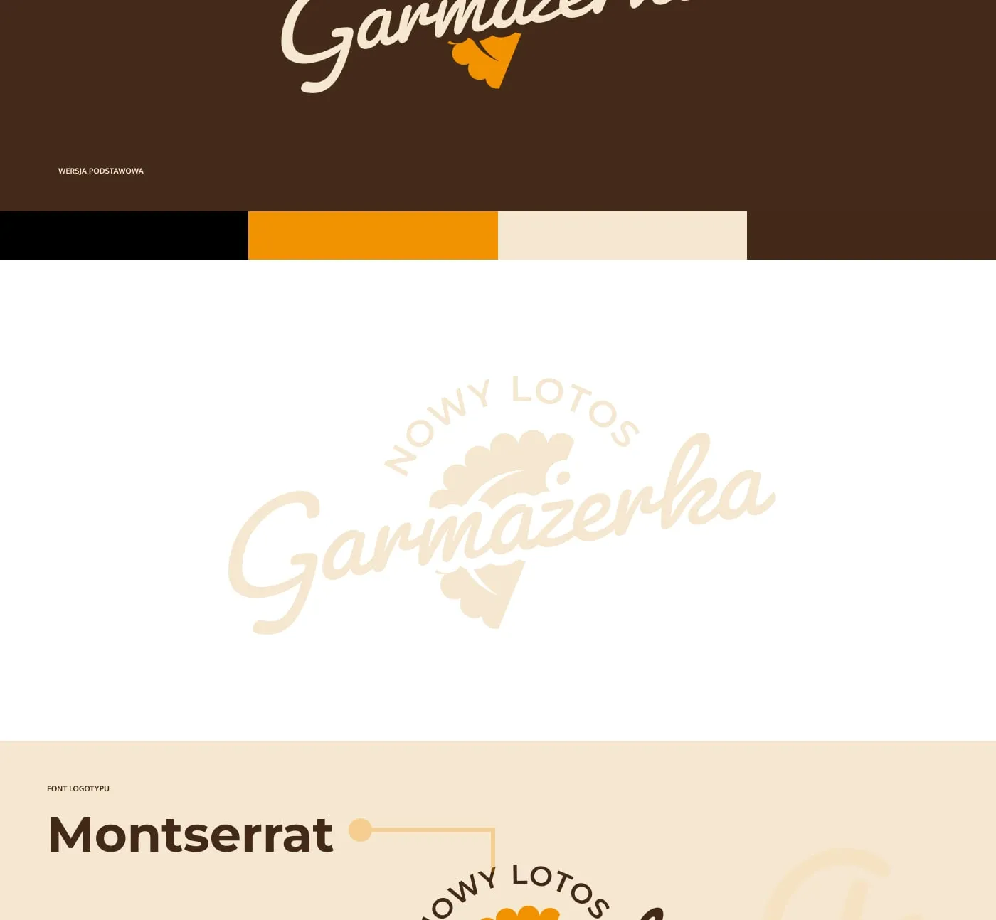 Nowy Lotos - logo w wersji jasnej oraz typografia marki: Montserrat i Pacifico (specimen „Aa").