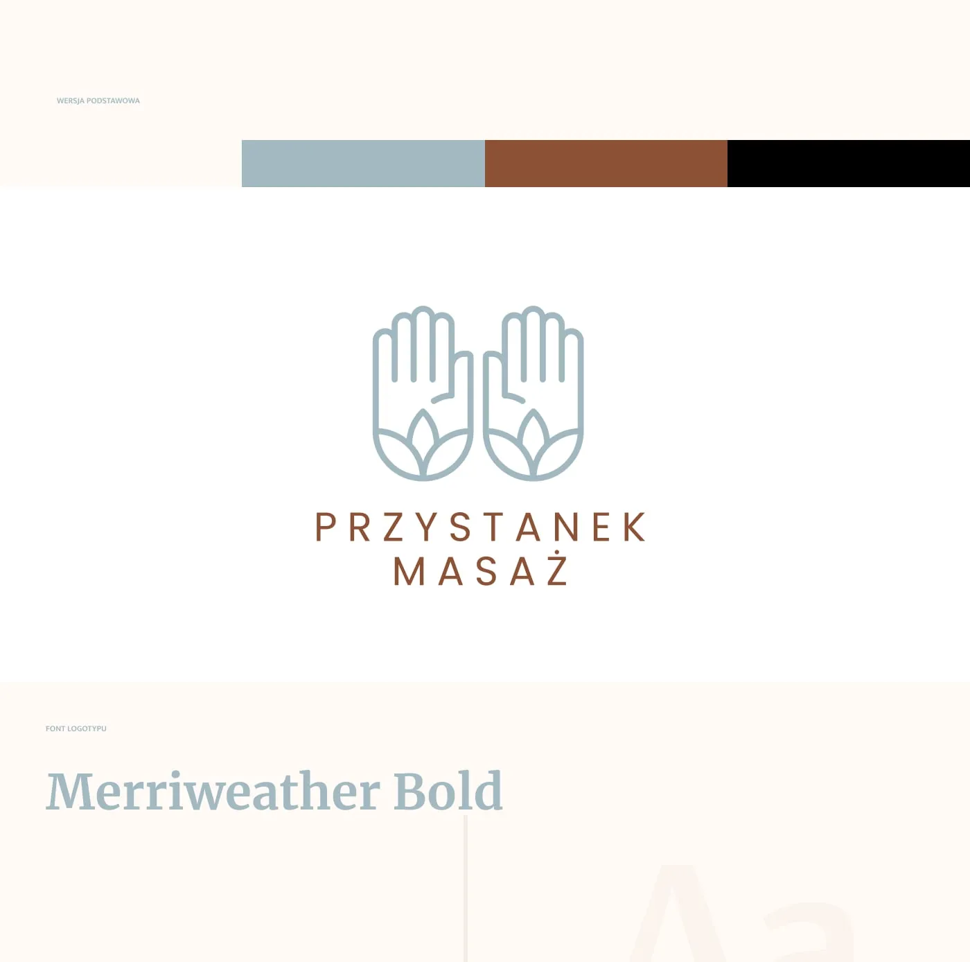 Przystanek Masaż - pionowa wersja logo (dłonie z listkami + „Przystanek Masaż") oraz typografia marki: krój logotypu Merriweather Bold i specimen „Aa".