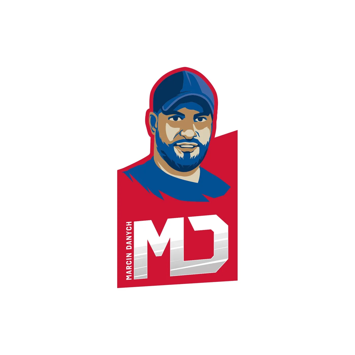 Logo marki osobistej „MD" - ilustrowany portret brodatego mężczyzny w czapce z daszkiem na czerwonym tle, z pionowym napisem „Marcin Danych" i dużymi literami MD.
