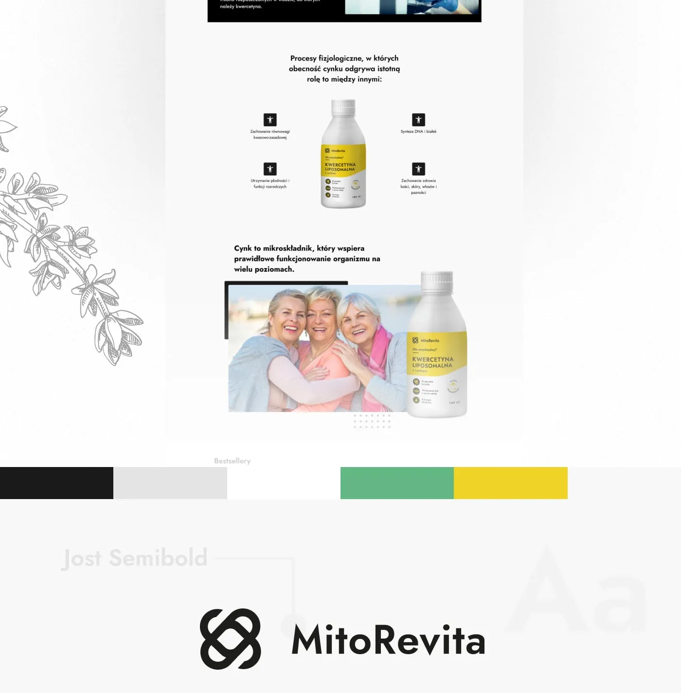 MitoRevita - dalsza część strony produktu (opis, materiały, zdjęcia lifestyle) oraz paleta kolorów marki (czerń, szarości, zieleń, żółć) i typografia Jost Semibold.