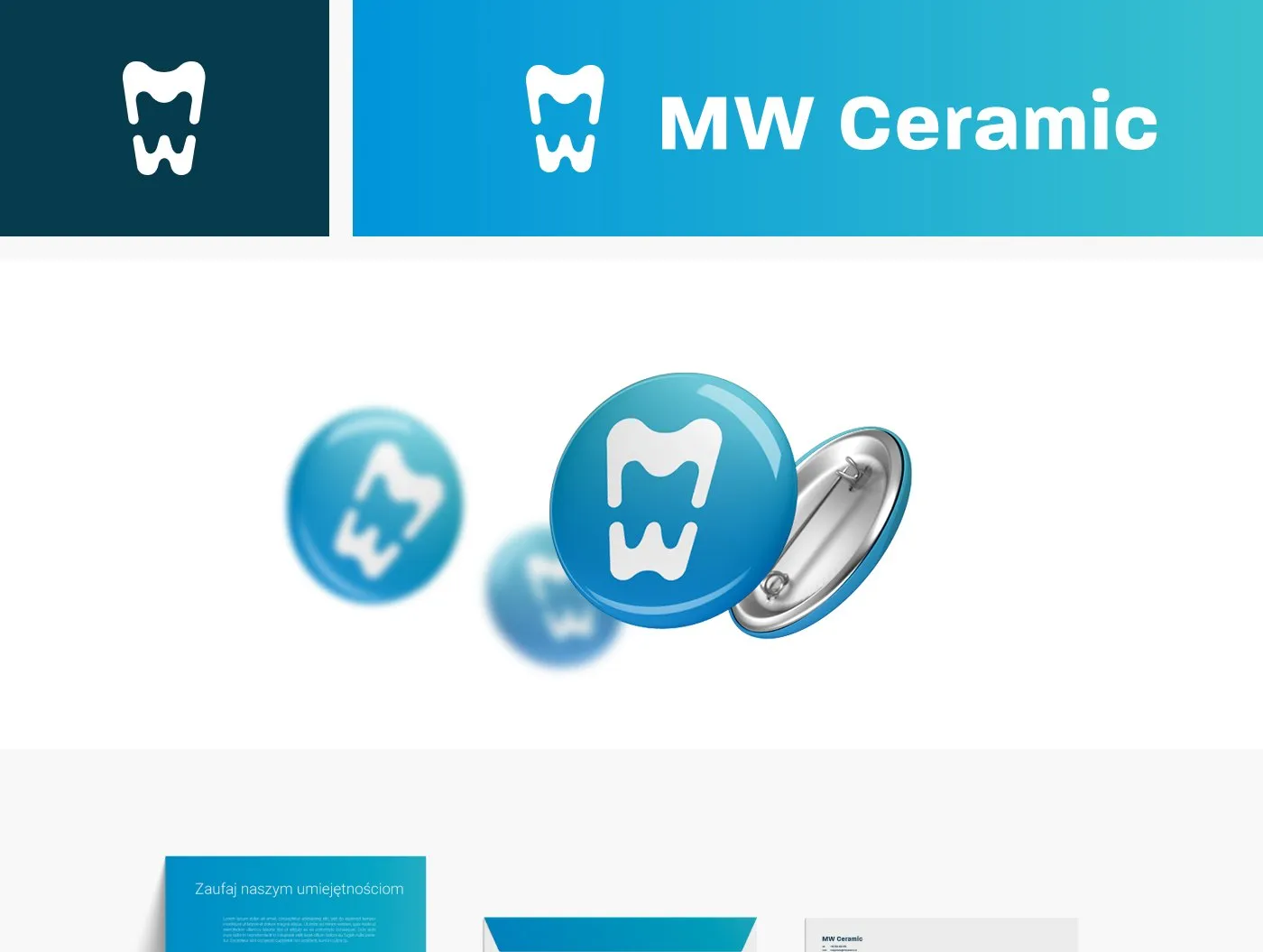MW Ceramic - logo na ciemnym i niebieskim tle oraz znak w formie przypinek, w niebieskim gradiencie.