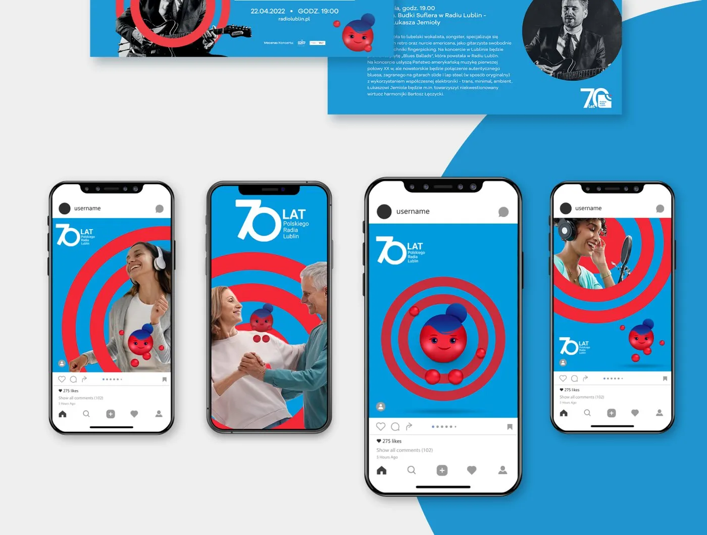 Radio Lublin - wizytówka „Łukasz Jemioła" oraz posty social media z maskotką i motywem tarczy na telefonach.