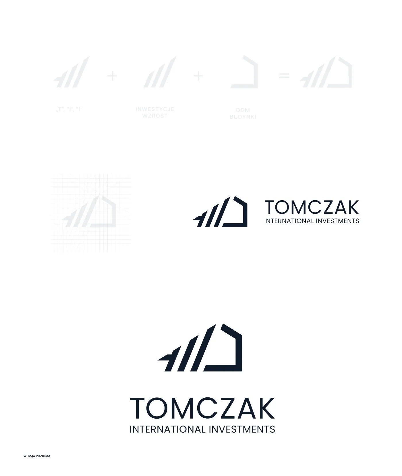 TOMCZAK - geneza znaku: kolejne etapy budowy symbolu, oraz wersja pozioma i pionowa logo na białym tle.