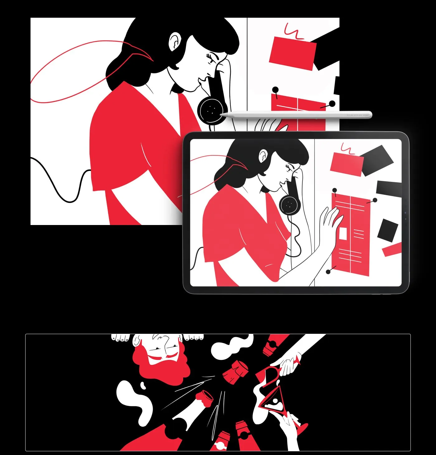 Bold - ilustracje edytorialne: praca przy dokumentach z lotu ptaka oraz rozmowa telefoniczna, w kontrastowym stylu czerń-czerwień.