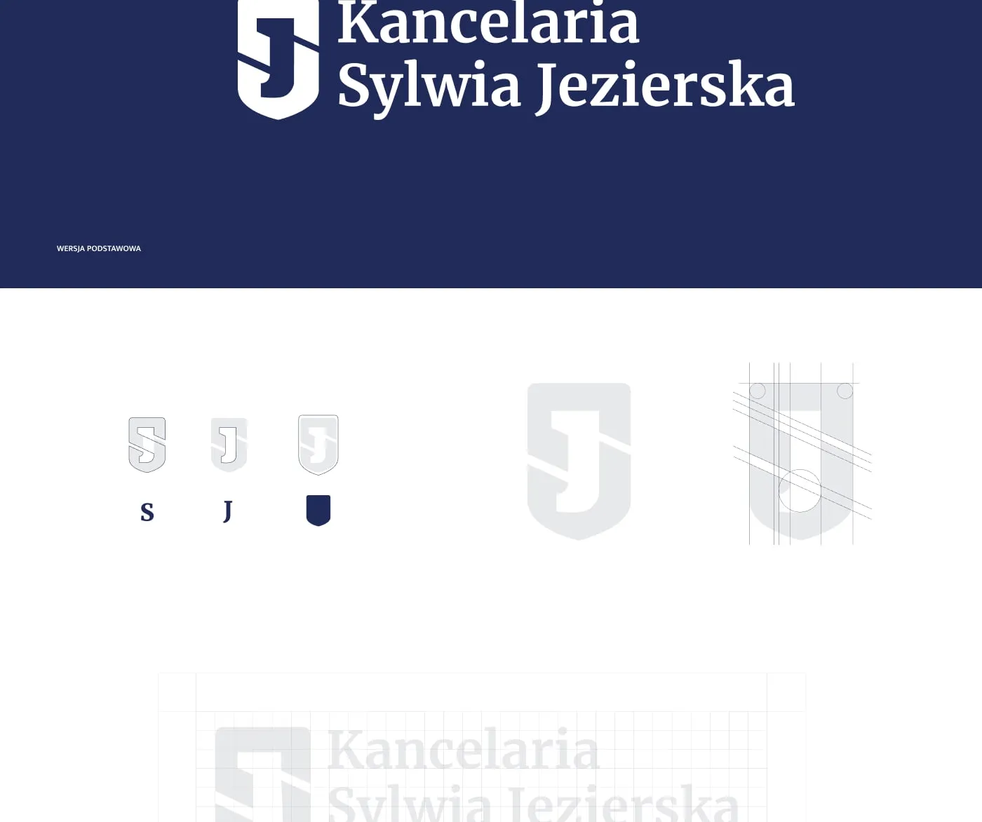 Kancelaria Sylwia Jezierska - podstawowa wersja logo: herb z monogramem „SJ" i logotyp na granatowym tle oraz konstrukcja znaku (siatka, litery S i J).