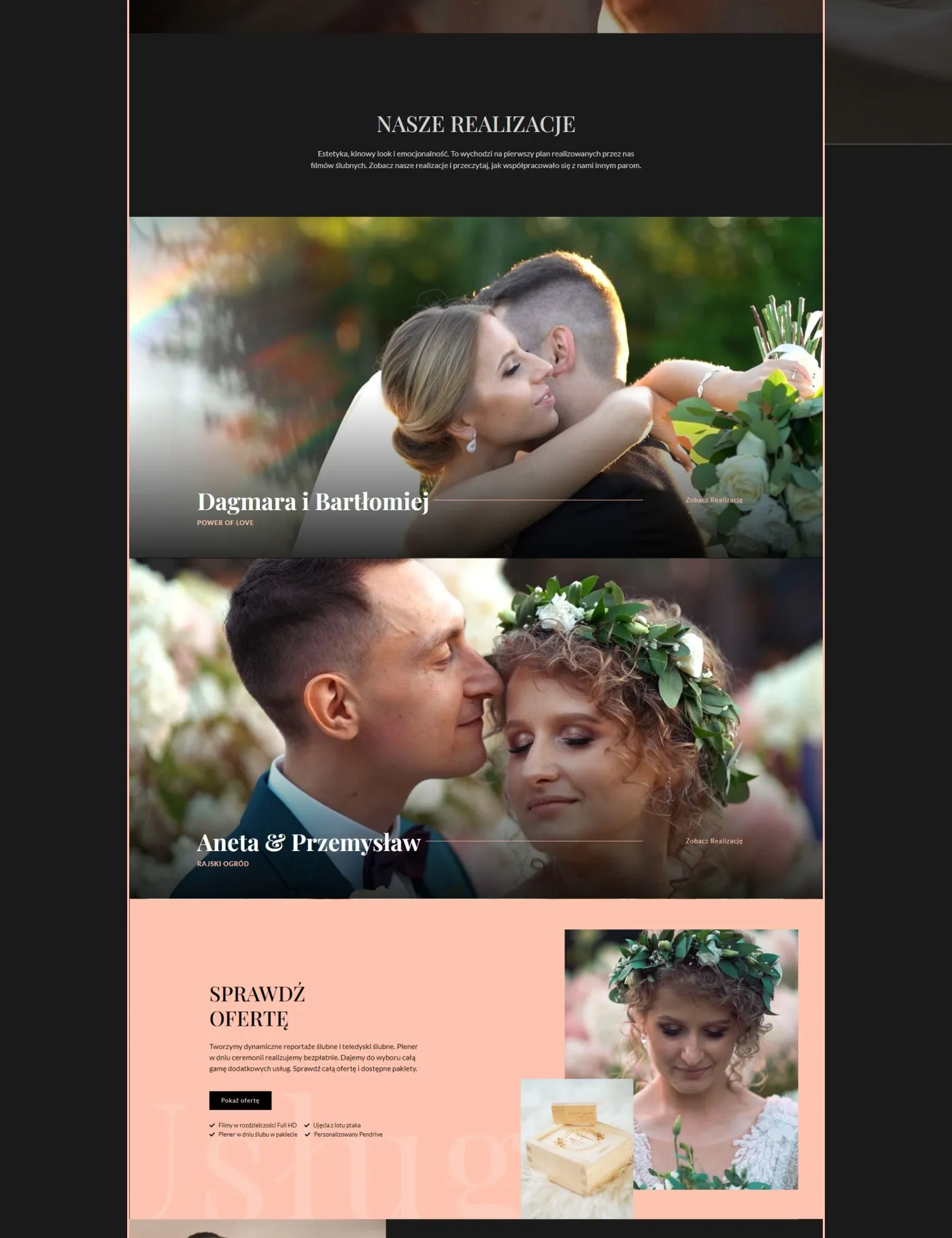 Mimoments - kolejne realizacje (Dagmara i Bartłomiej, Aneta & Przemysław), sekcja „Sprawdź ofertę" z brzoskwiniowym tłem i listą bullet-pointów