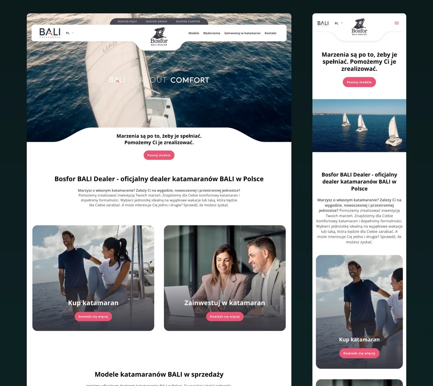 Bosfor BALI Dealer - sekcja „Bosfor BALI Dealer - oficjalny dealer katamaranów BALI w Polsce" ze zdjęciami oraz początek listingu modeli katamaranów.