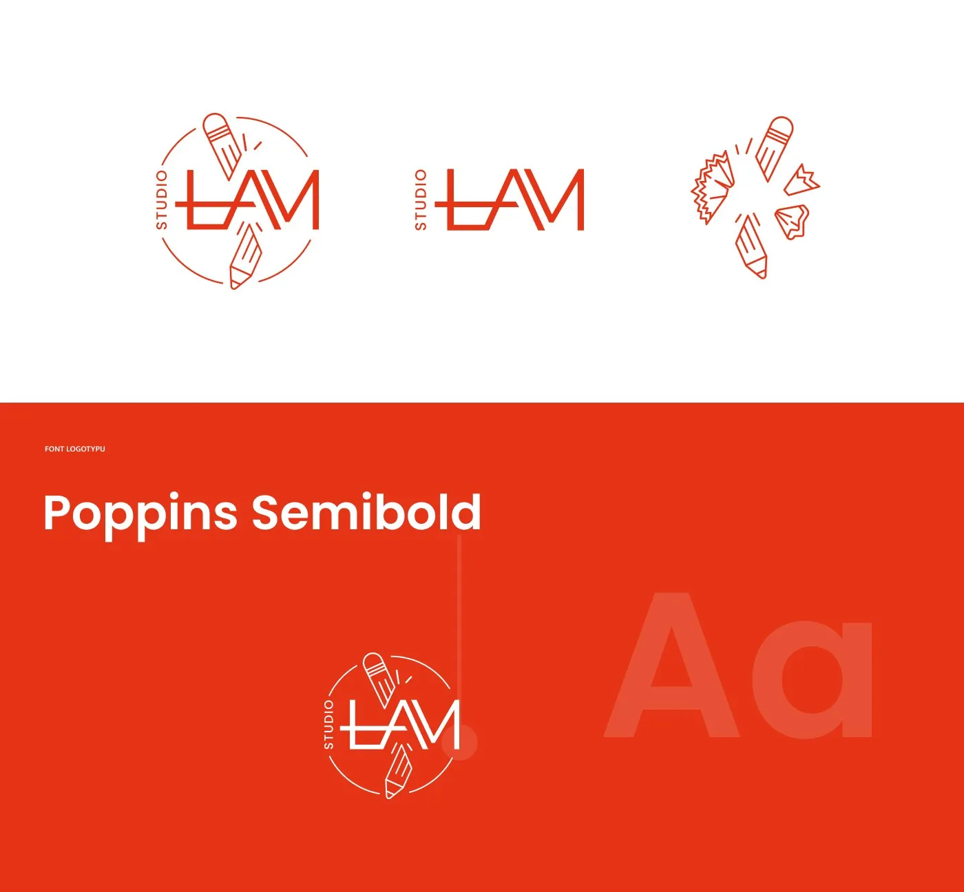 Studio ŁAM - warianty logo na jasnym tle oraz typografia marki: Poppins Semibold (specimen „Aa") na czerwonym tle.