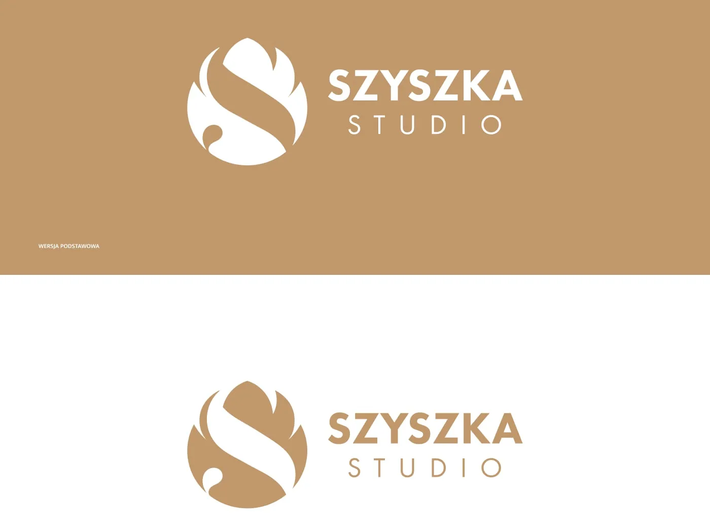 Szyszka Studio - podstawowa wersja logo: biały sygnet „S"-szyszka z napisem „Szyszka Studio" na karmelowym tle oraz wariant na bieli.