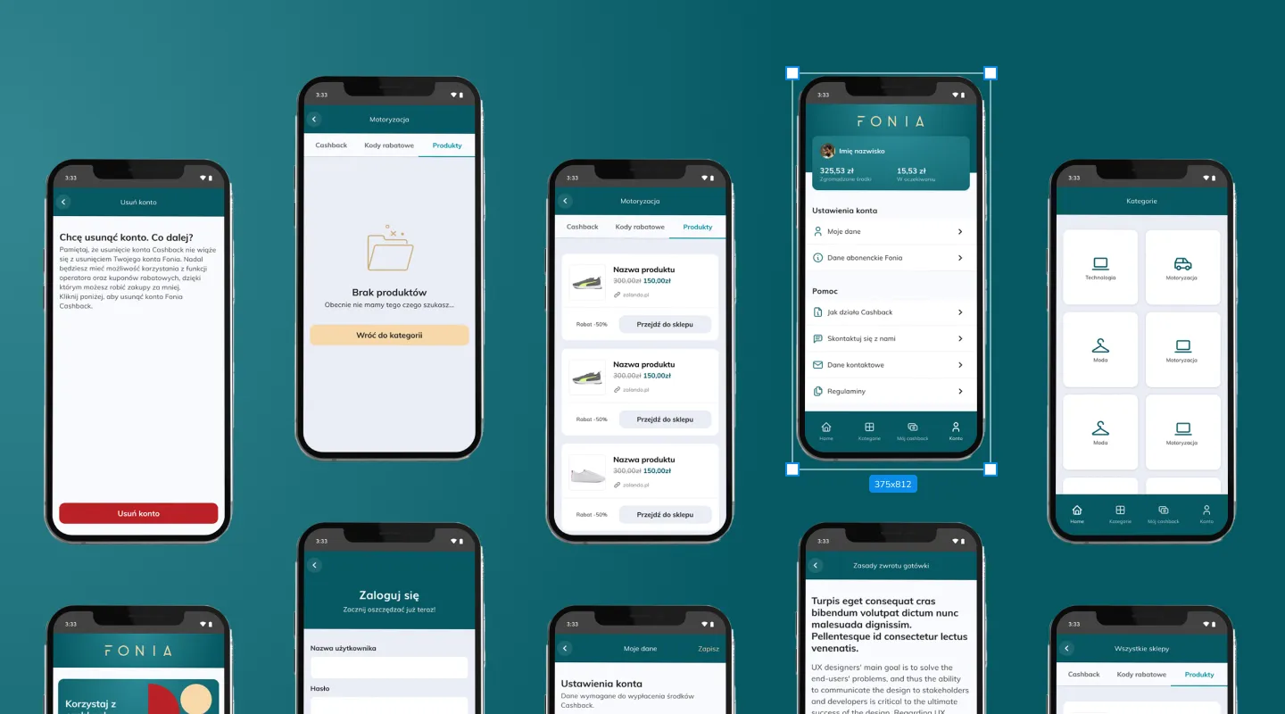Wzór UX Agency. UX/UI design of the Fonia mobile app, showing a variety of functional screens such as account settings, product browsing, shopping categories, account management and login options. The app’s intuitive design makes navigation and access to cashback features easy, making Fonia a perfect tool for users looking for savings and convenience.