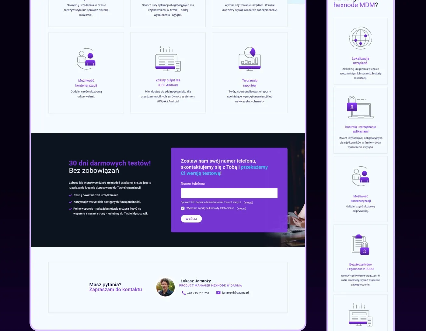 Hexnode MDM (DAGMA) - dalsze karty funkcjonalności, blok „30 dni darmowych testów” z formularzem oraz sekcja kontaktu; kontynuacja widoku mobilnego.
