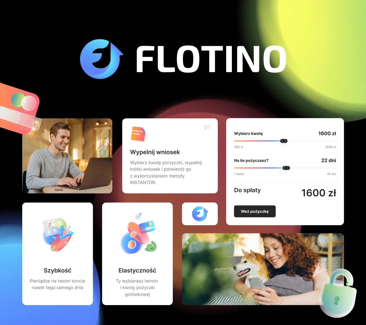 Flotino - plansza z logo marki na ciemnym tle: krok „Wypełnij wniosek" formularza, kalkulator pożyczki z suwakami kwoty i liczby dni oraz kafle „Szybkość" i „Elastyczność" ze zdjęciami klientów.