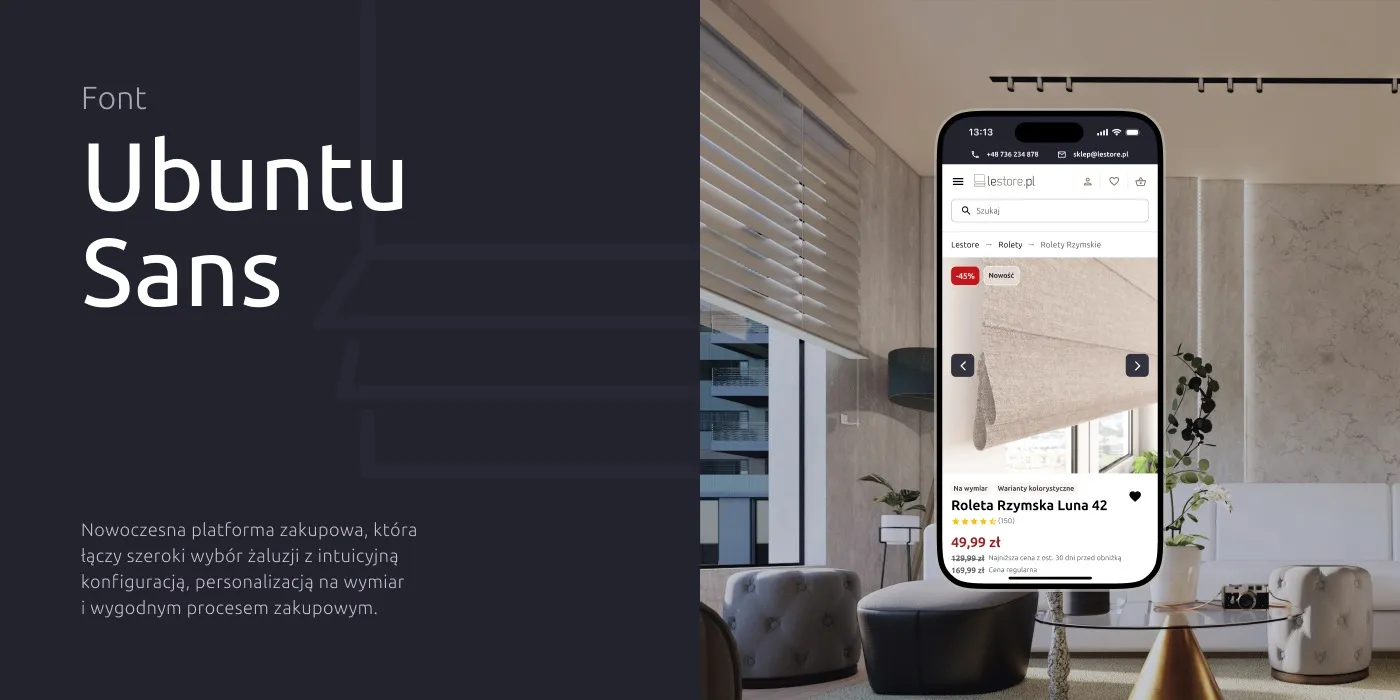 Lestore - sekcja „Nowoczesne doświadczenie zakupowe" na ciemnym tle, z opisem celu projektu obok podglądu karty produktu na telefonie.