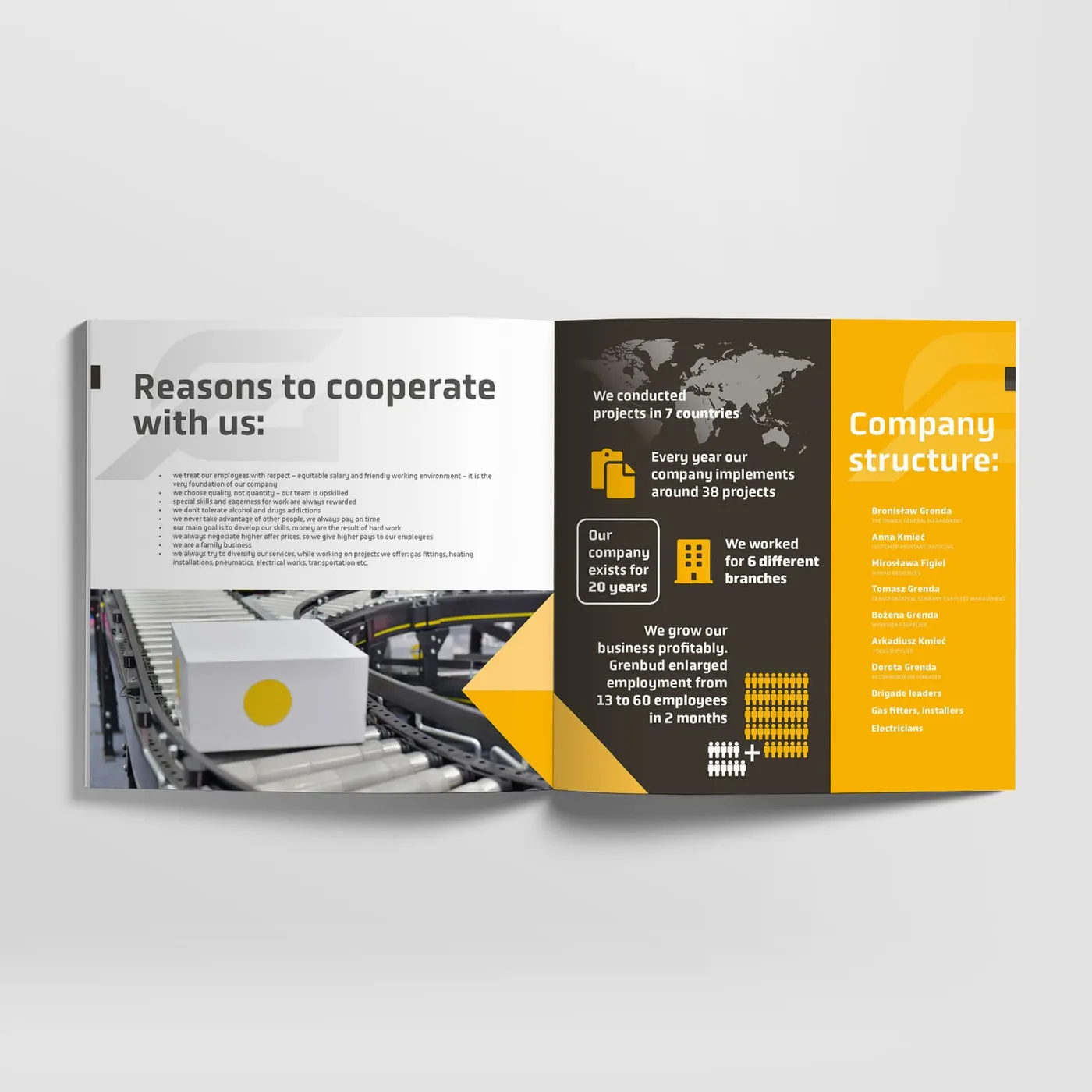 Grenbud - folder rozłożony na płasko, wersja angielska: strona „Reasons to cooperate with us" ze zdjęciem taśmociągu magazynowego obok infografiki i listy struktury zespołu.