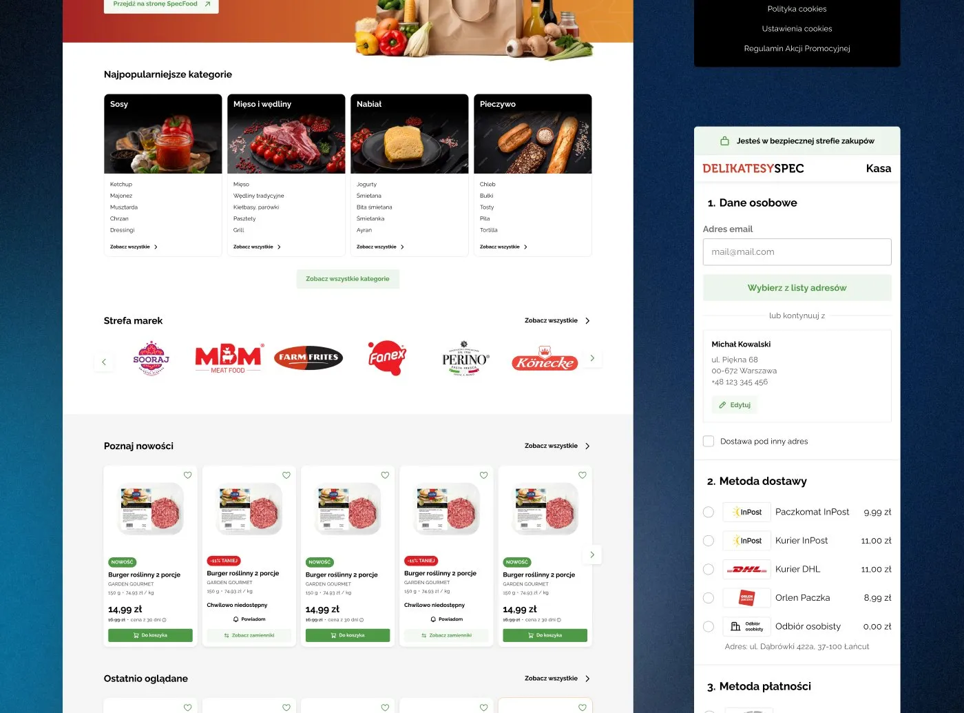 SPEC Food - sekcje „Poznaj SpecFood", najpopularniejsze kategorie ze zdjęciami, logotypy marek i listing produktów w promocji.