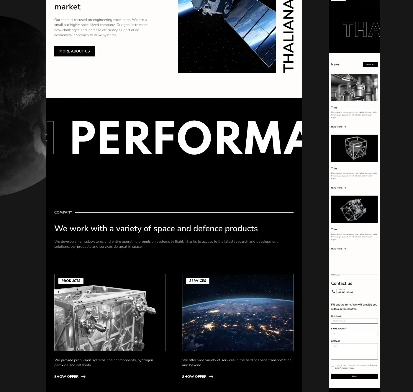 Thaliana Space - czarna sekcja „Performance”, „We work with a variety of space and defence products” ze zdjęciami z kosmosu.