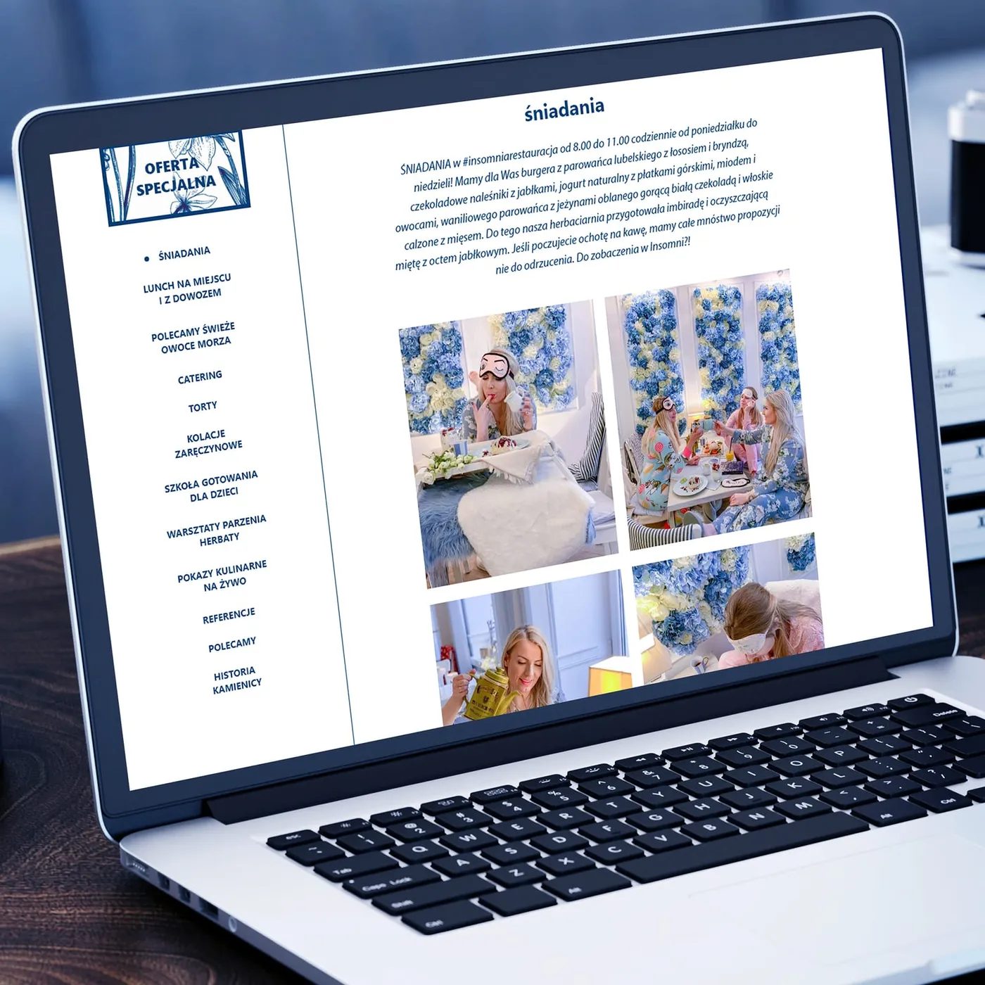 Insomnia - podstrona „śniadania" na laptopie: boczne menu z pełną listą usług restauracji oraz galeria zdjęć ze śniadania.