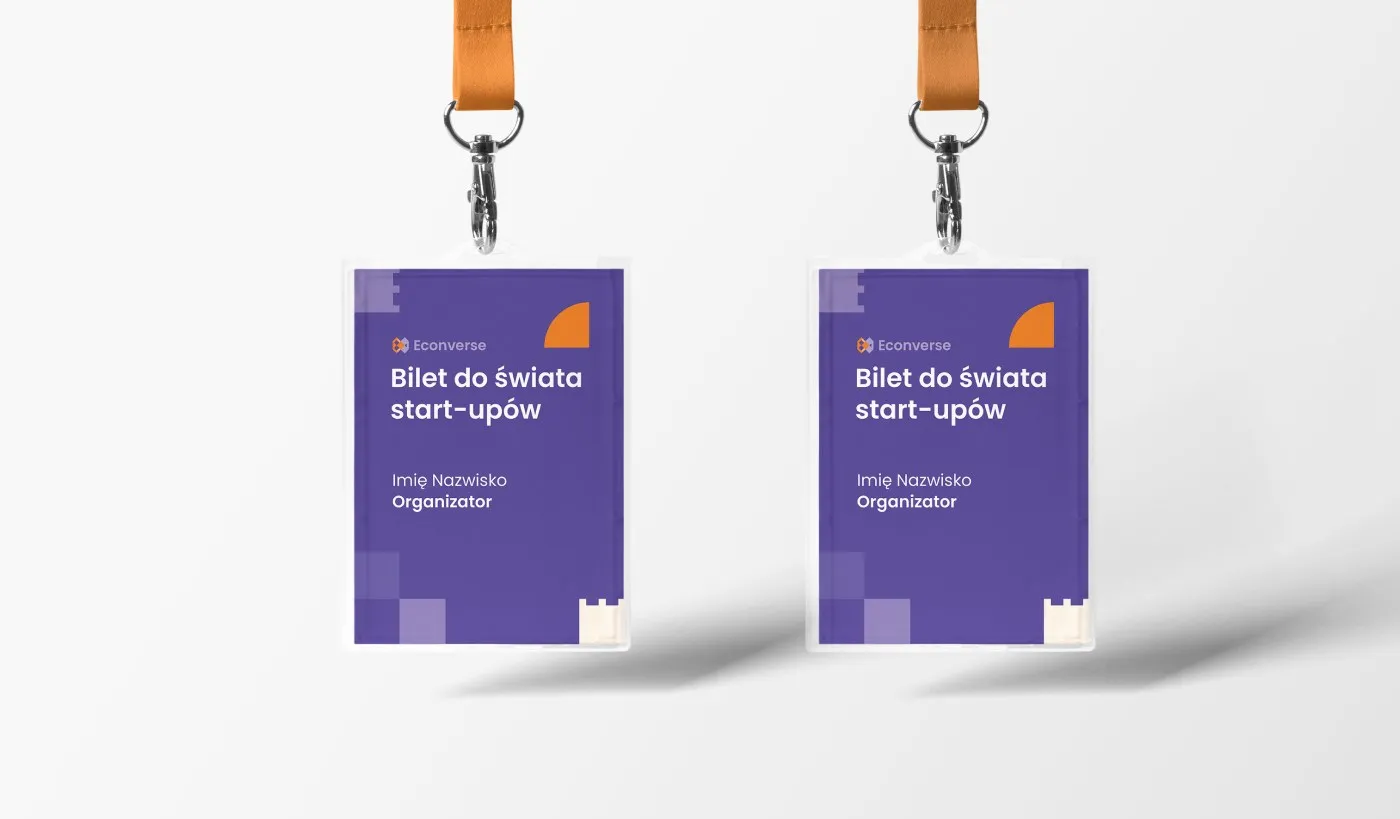 Econverse - identyfikatory uczestników na smyczach, z programem wydarzenia „Bilet do świata start-upów".