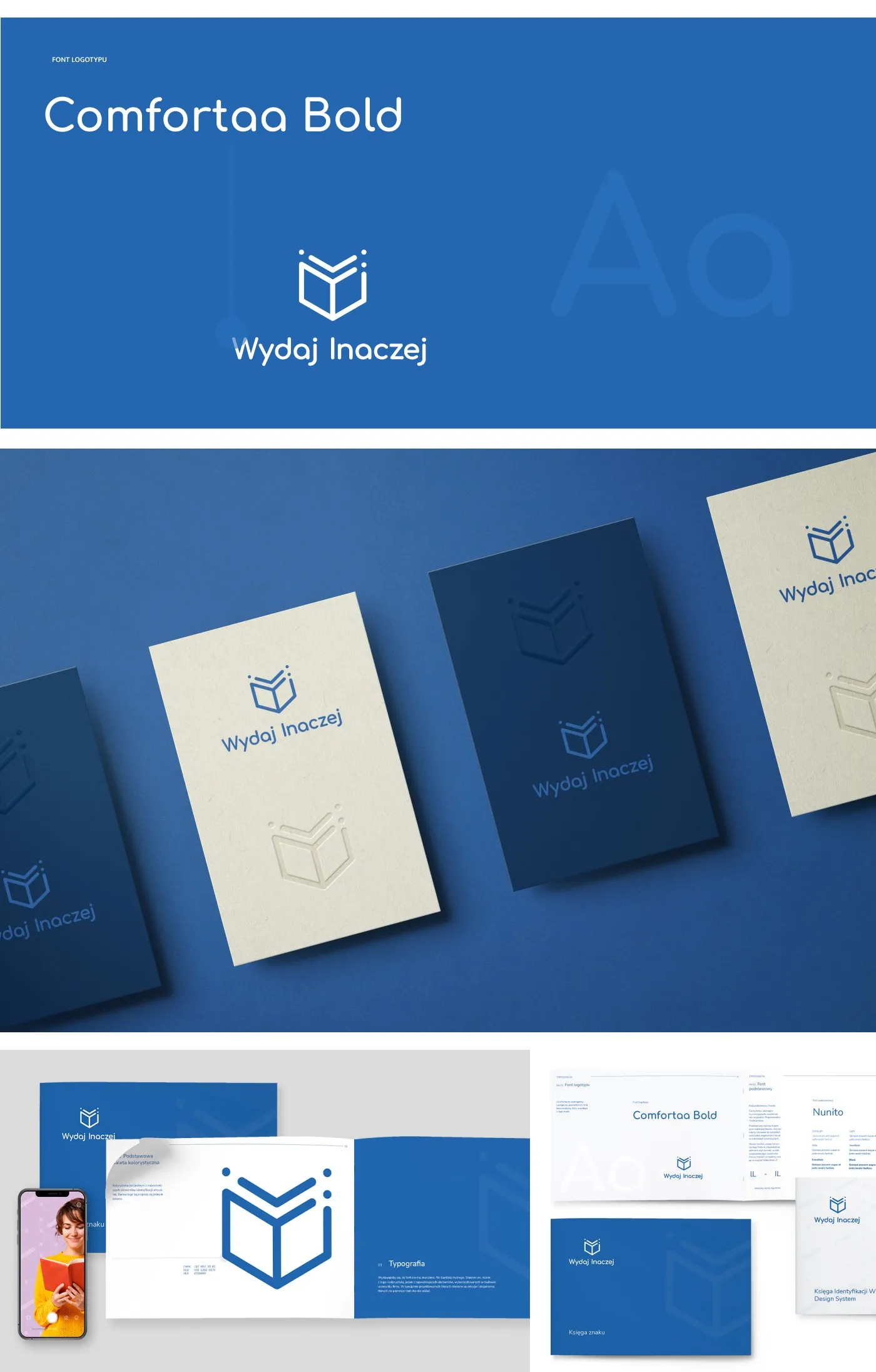 Wydaj Inaczej - typografia marki Comfortaa Bold (specimen „Aa"), teczki i notesy w granacie i kremie oraz rozkładówki księgi znaku.