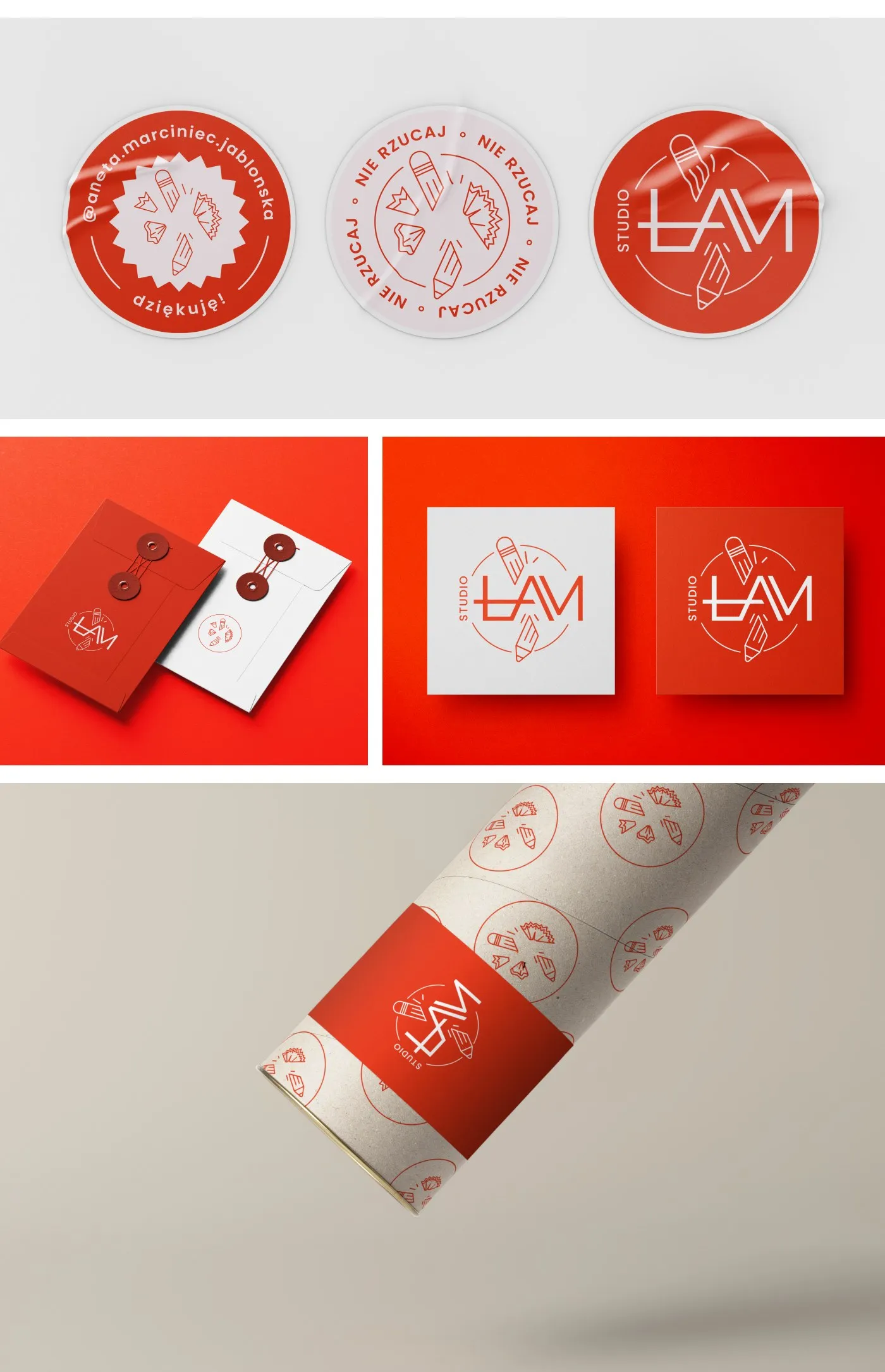 Studio ŁAM - okrągłe naklejki z logo, wizytówki w czerwieni i bieli oraz tuba pakowa z kraftowego papieru z czerwoną banderolą i wzorem ołówków.