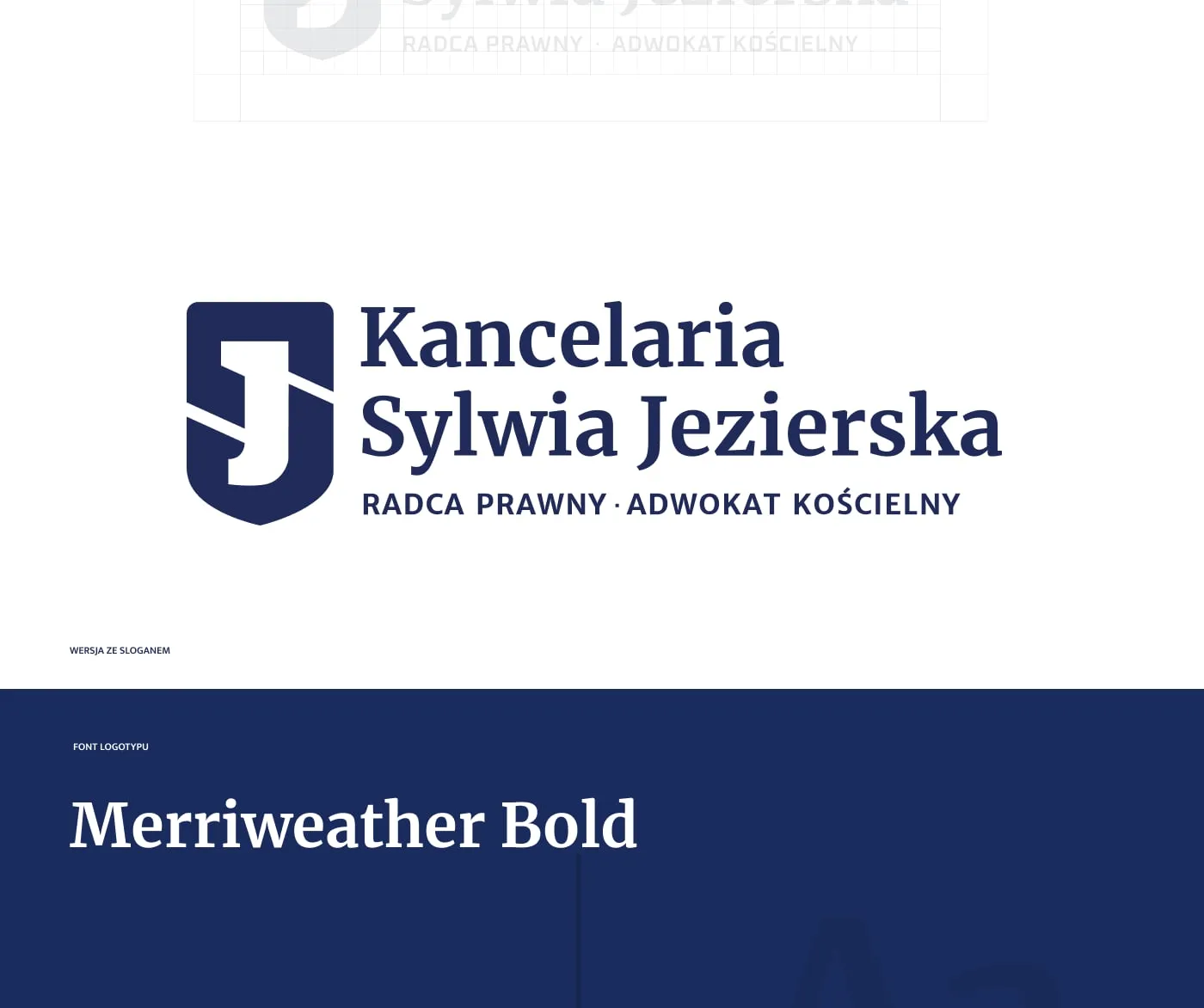 Kancelaria Sylwia Jezierska - logo ze sloganem „Radca prawny · Adwokat kościelny" oraz typografia marki: krój Merriweather Bold i specimen „Aa".