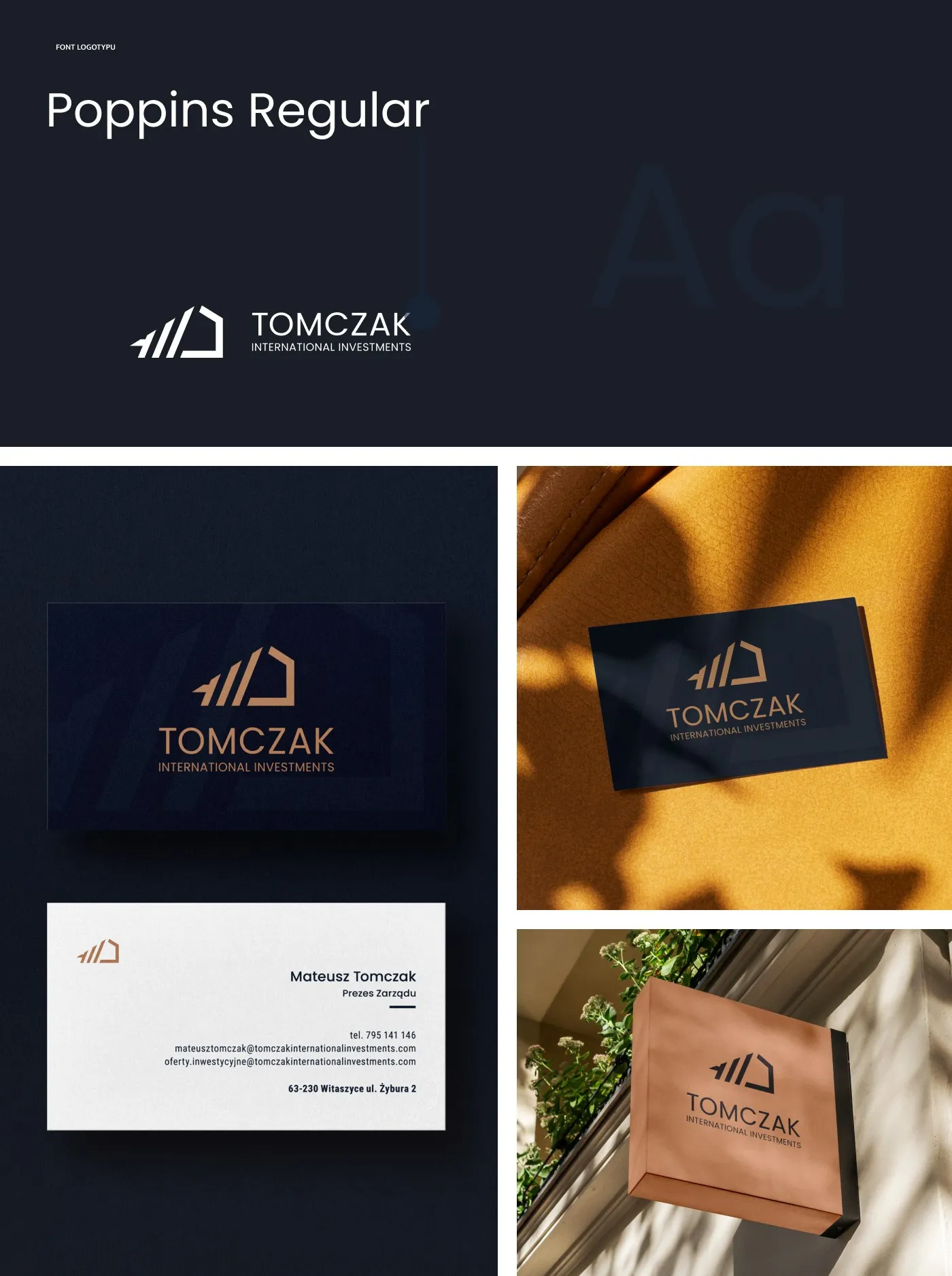TOMCZAK - typografia marki Poppins Regular (specimen „Aa") oraz wizytówki: granatowa ze złotym logo, wizytówka firmowa i wersja na drewnie.