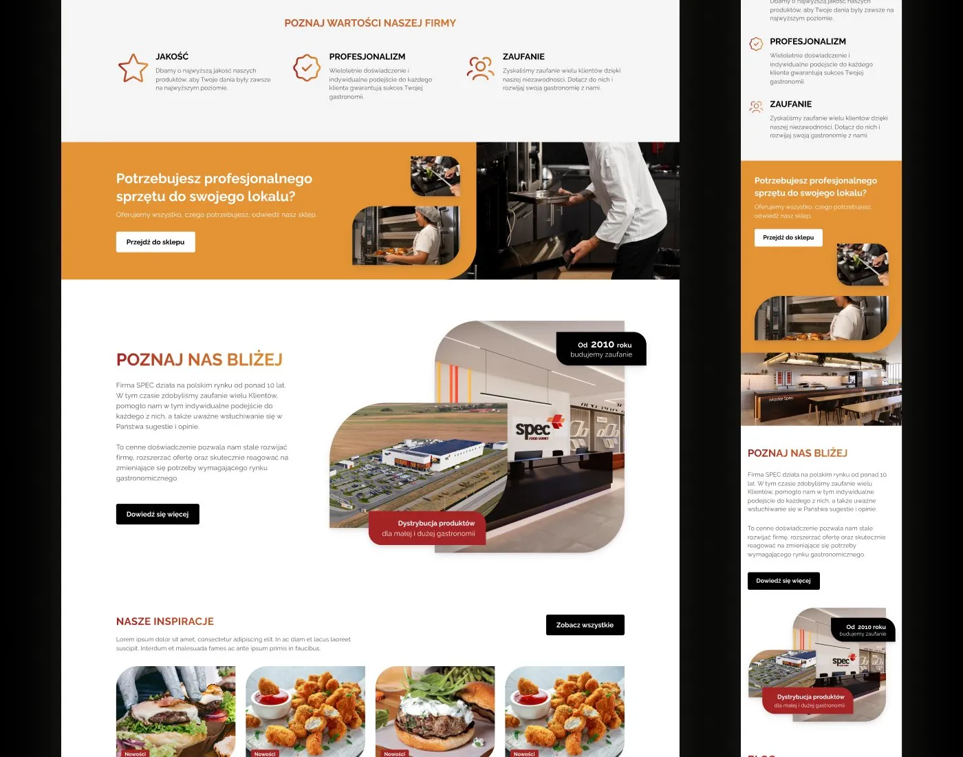 SPEC Food Service - sekcje oferty ze zdjęciami dań, „Poznaj nas bliżej" oraz galeria inspiracji kulinarnych.