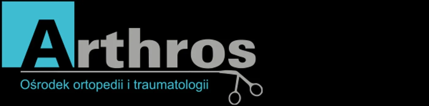 Logo Arthros - niebieski kwadrat z literą „A", szary napis „rthros" z ikoną nożyczek chirurgicznych oraz podpis „Ośrodek ortopedii i traumatologii".